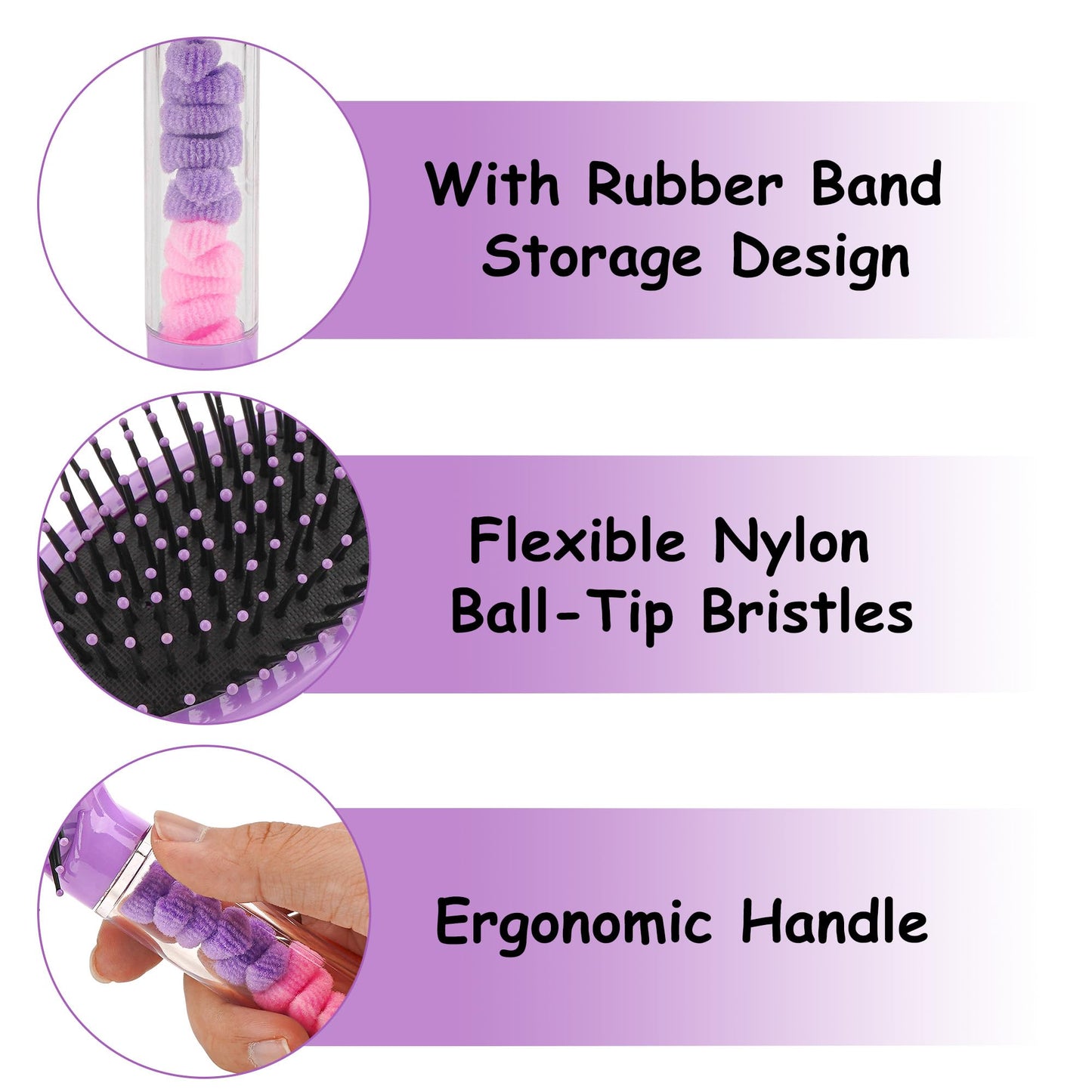 Biiange Air Cushion Detangling Hair Brush, Wig Brush, Scalp Massage Paddle Brushs, Detachable Handle with Hair Ties, for Wet Dry Damaged Curly Hairs (Purple)