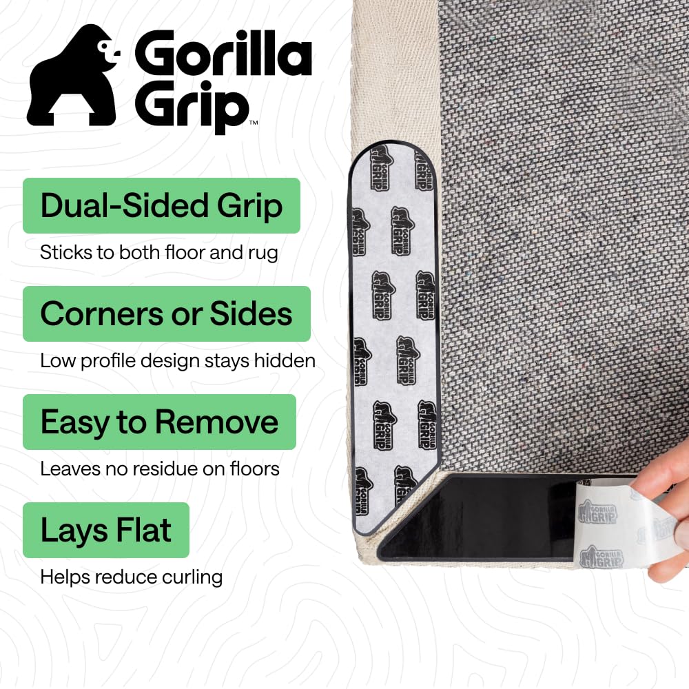 GORILLA GRIP® Rug Gripper Pads, 12 pc Reusable Double-Sided Stickers Keep Area Rugs Corners Flat, Grips Hardwood, Tile and Laminate Floors, Renter Friendly, Holds Down Carpet in Place, Home Décor
