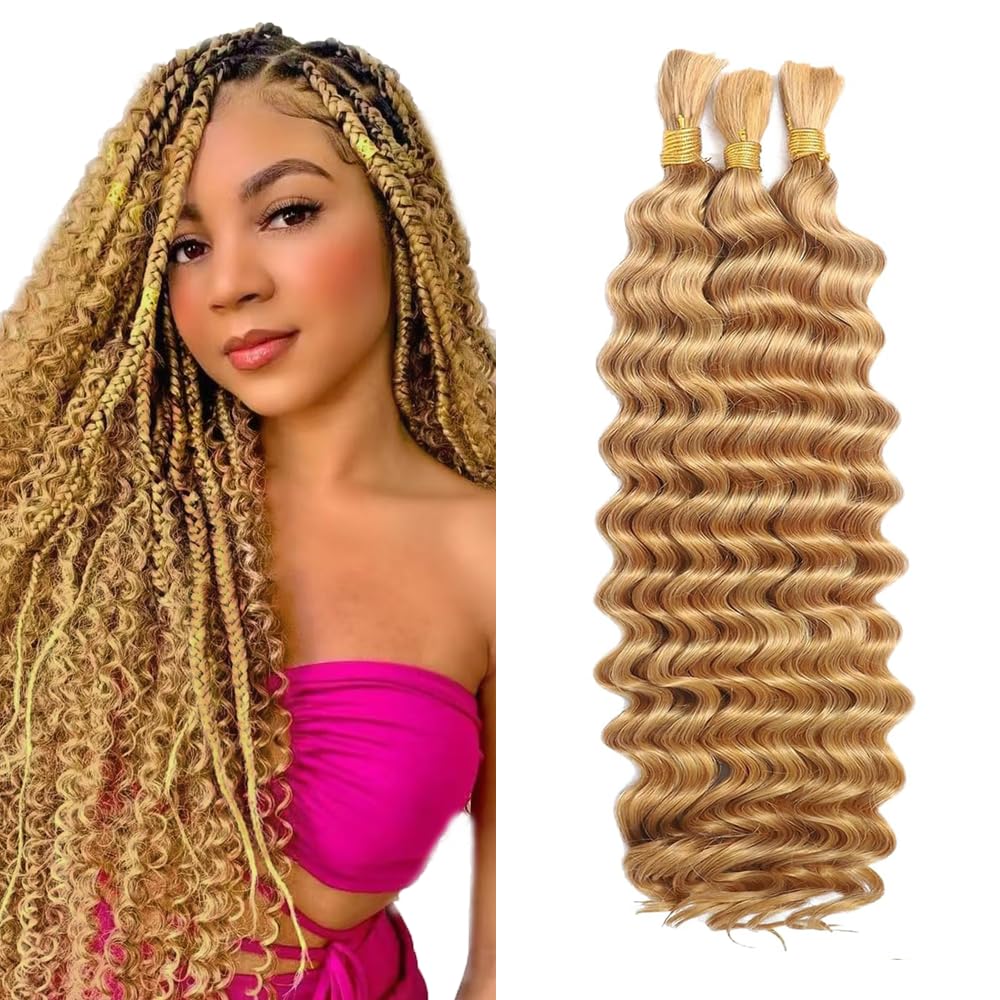 #27 Honey Blonde Human Braiding Hair Deep Wave Bulk 18 18 18 Inch Honey Blonde Deep Wave Braiding Hair Extensions Unproceesed Virgin Hair 50 Gram Per Bundle 3 Bundle