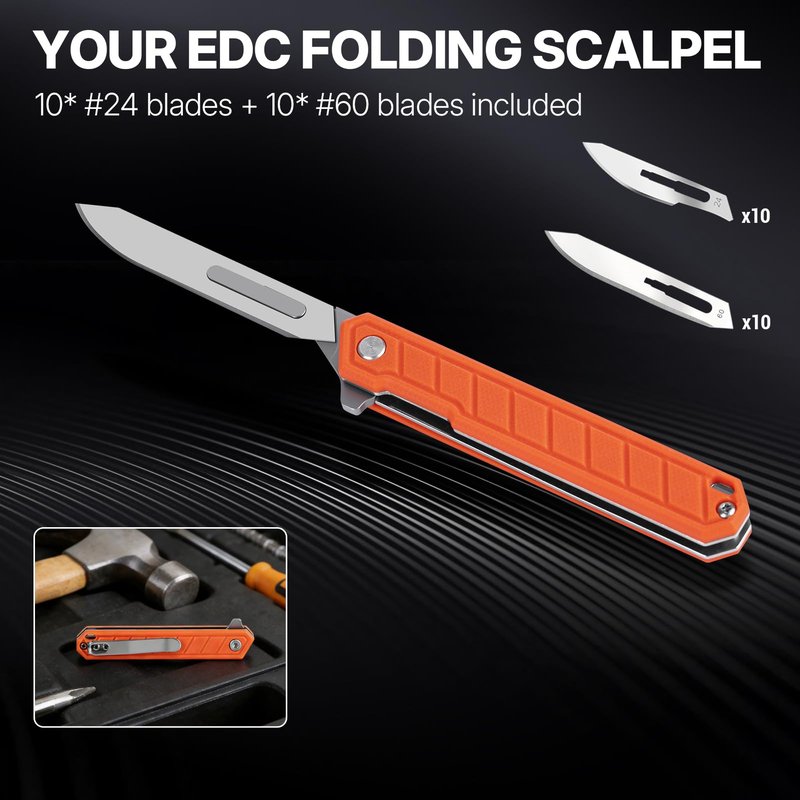 Tops Home Mini Folding Scalpel – Slim G10 Handle with Back Clip, Liner Lock Pocket Knife for Crafts, Utility Box Cutter, Includes 20 Replaceable Blades (#24 & #60) (Orange)