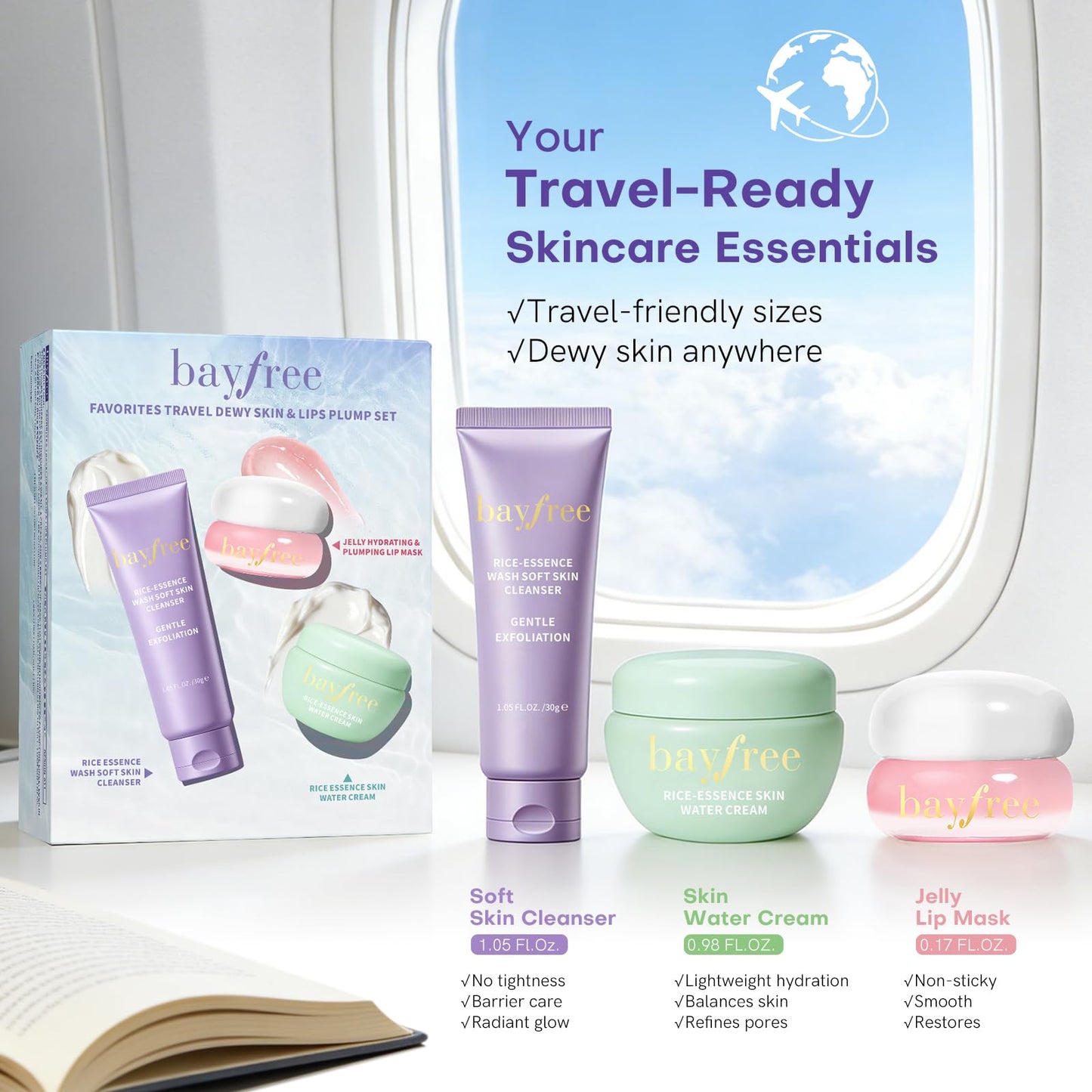 bayfree Favorites Travel Dewy Skin & Lips Plump Set, Hydrating Korean Skin Care Set with Rice-Essence Wash, Water Cream & Lip Mask, Gentle Vegan Skincare Gift Set for Girls Women, Glowing Skin