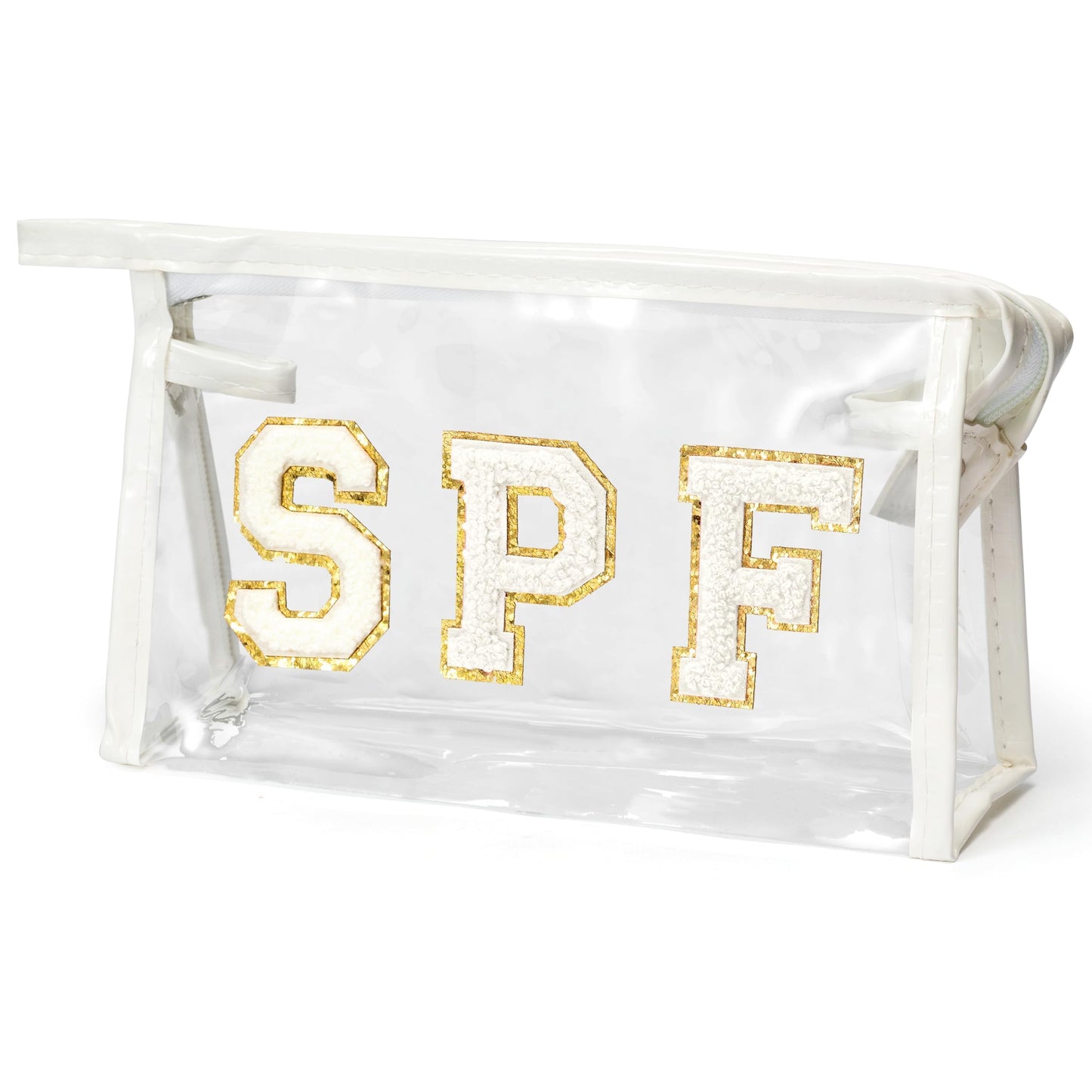 AsodSway Preppy Patch SPF Cosmetic Bag, Summer SPF Varsity Letter Clear Toiletry Makeup Bag Waterproof PVC Cosmetic Case Multi-Function Zippered Pouch Makeup Pouch for Beach Pool, Pencil Pouch (White)