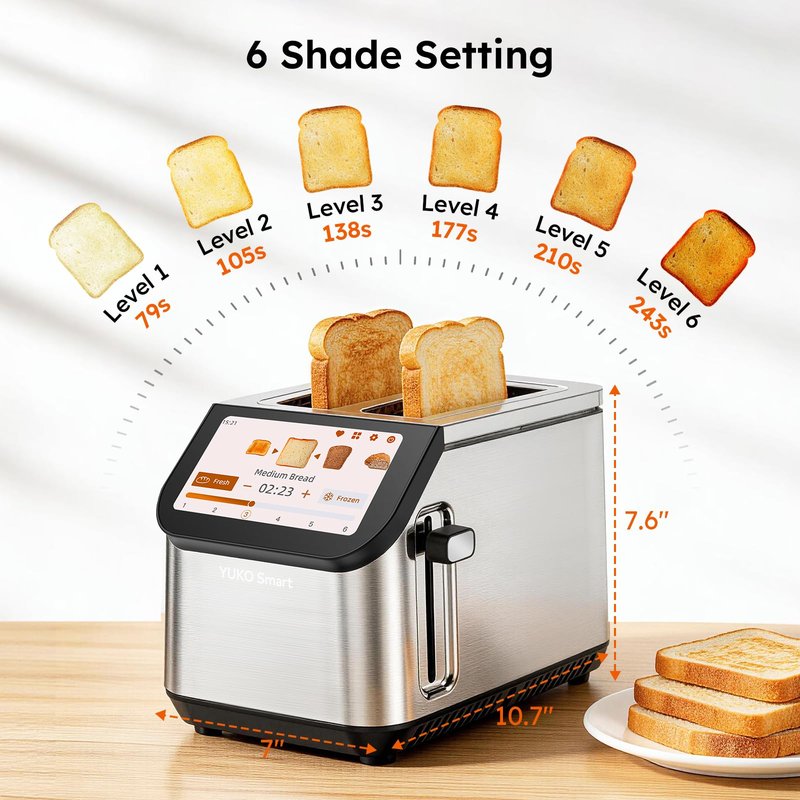 Smart Toaster 2 Slice Wide Slot LCD Touch Screen, Stainless Steel Toaster with Memory Function, 10 Bread Types & 6 Shade Settings, Fast Even Toast, Removable Crumb Tray, 900W