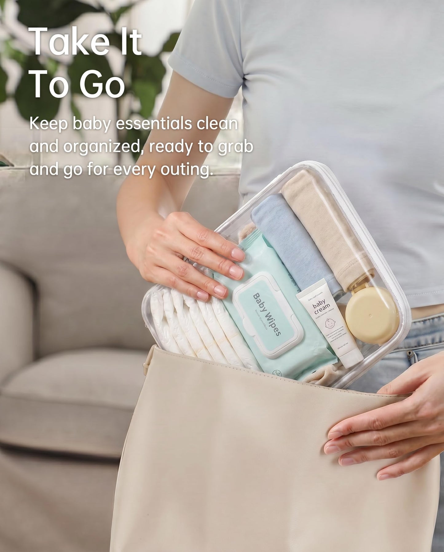 3 Pack Large Clear Hard Shell Zipper Case, Diaper Bag Organizer Pouches, Water-Resistant Travel Toiletry Bags for Baby Essentials, Toys, Cables, Crafts, Makeup, White