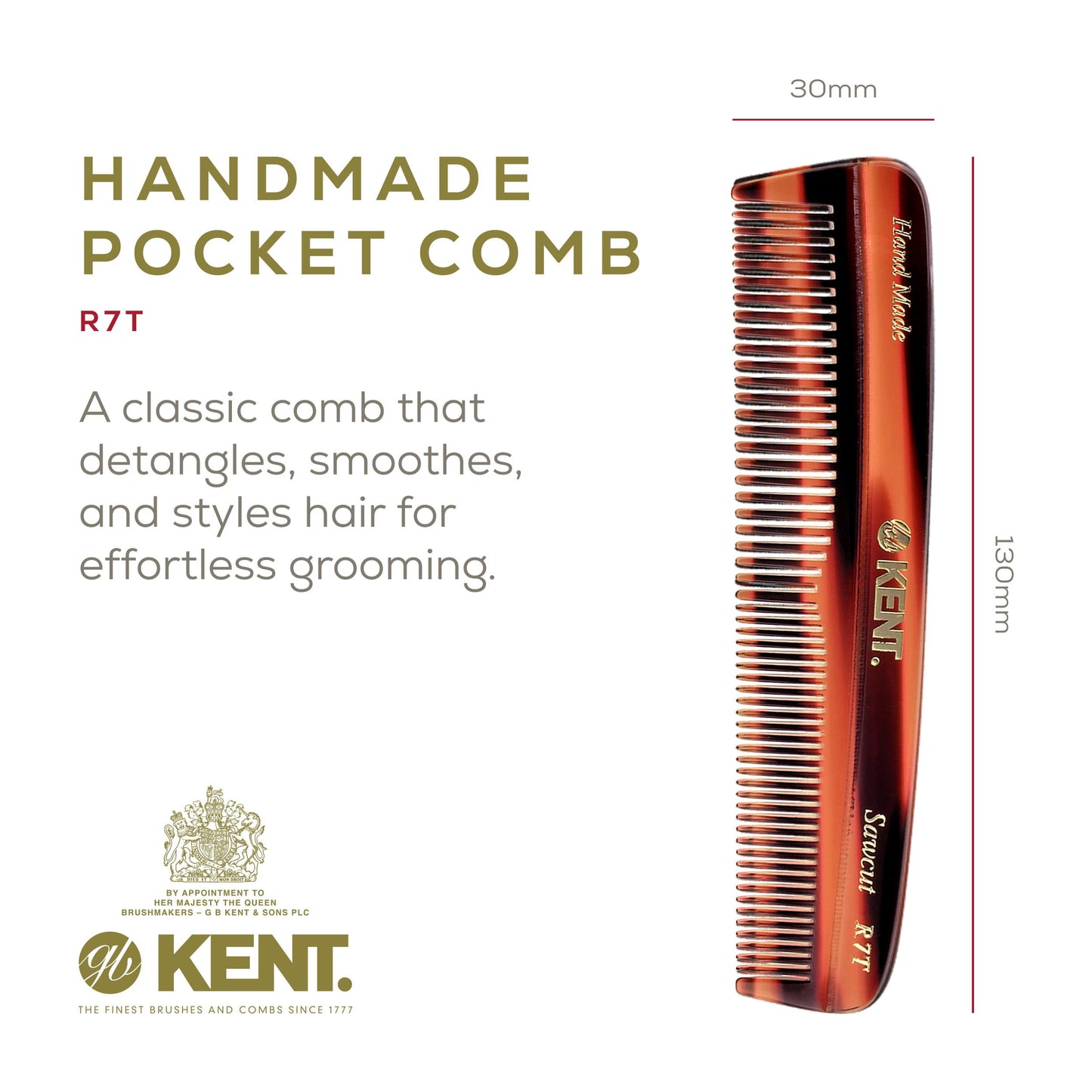 Kent R7T Fine and Wide Tooth Hair Comb, Handmade Pocket Comb for Men, Beard and Mustache Combs for Everyday Grooming and Styling, Sawcut Kent Combs, Made in England