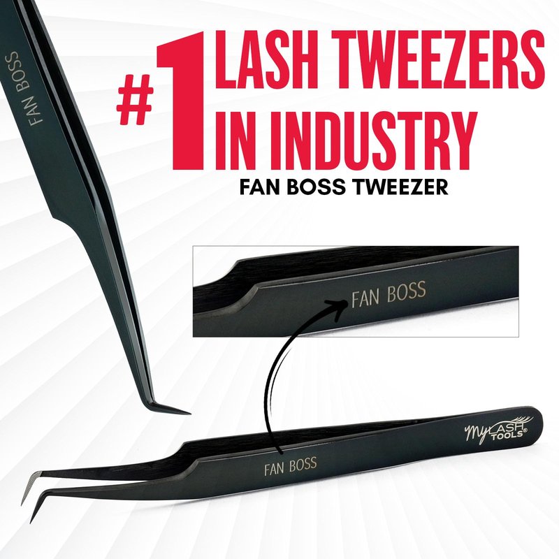 My Lash Tools 90 Degree Volume Fiber Tip Lash Tweezer – FAN BOSS, Non Slip Grip Professional Eyelash Extension Tweezers for Mega Volume Fans, Lash Artist Precision Tool (Black)