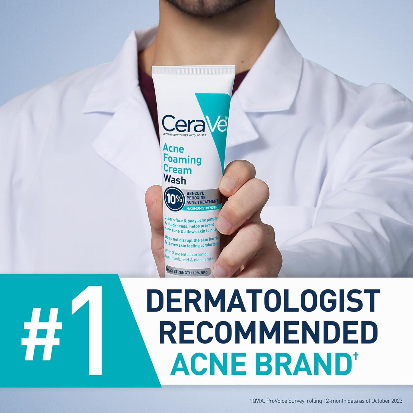 CeraVe Acne Foaming Cream Wash - Gentle Cleanser with 10% Benzoyl Peroxide, Hyaluronic Acid & Niacinamide | 5 Oz