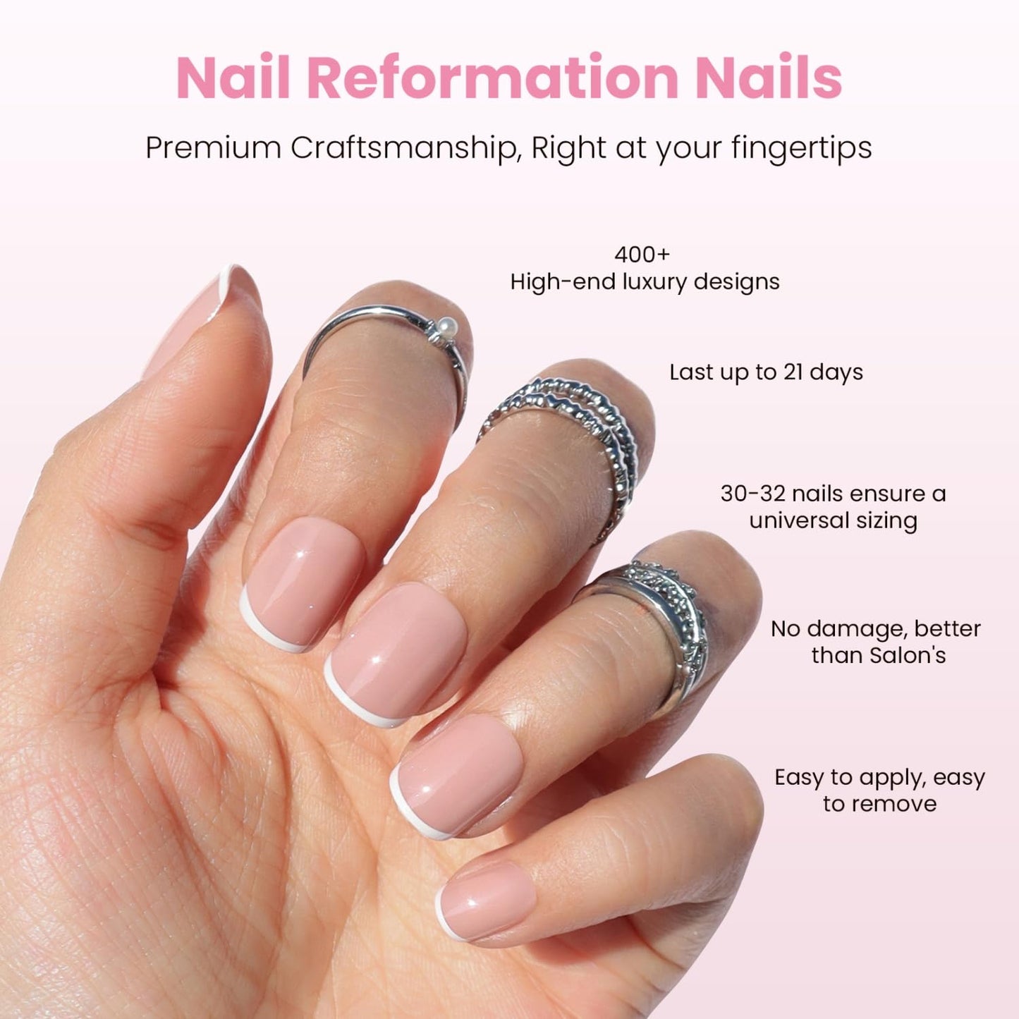Press On Nails - She's a Natural | Short Square White French Tip on Nude Base, Glossy Finish - 30 Reusable Stick-On Nails in 15 Sizes for Women