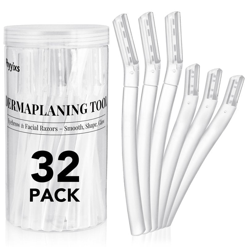 32-Pack Face Razors for Women – Dermaplane & Eyebrow Razor Set, 24 Long + 8 Short Precision Blades for Peach Fuzz Removal, Gentle Exfoliation, Ideal for Stocking Stuffers (Clear)
