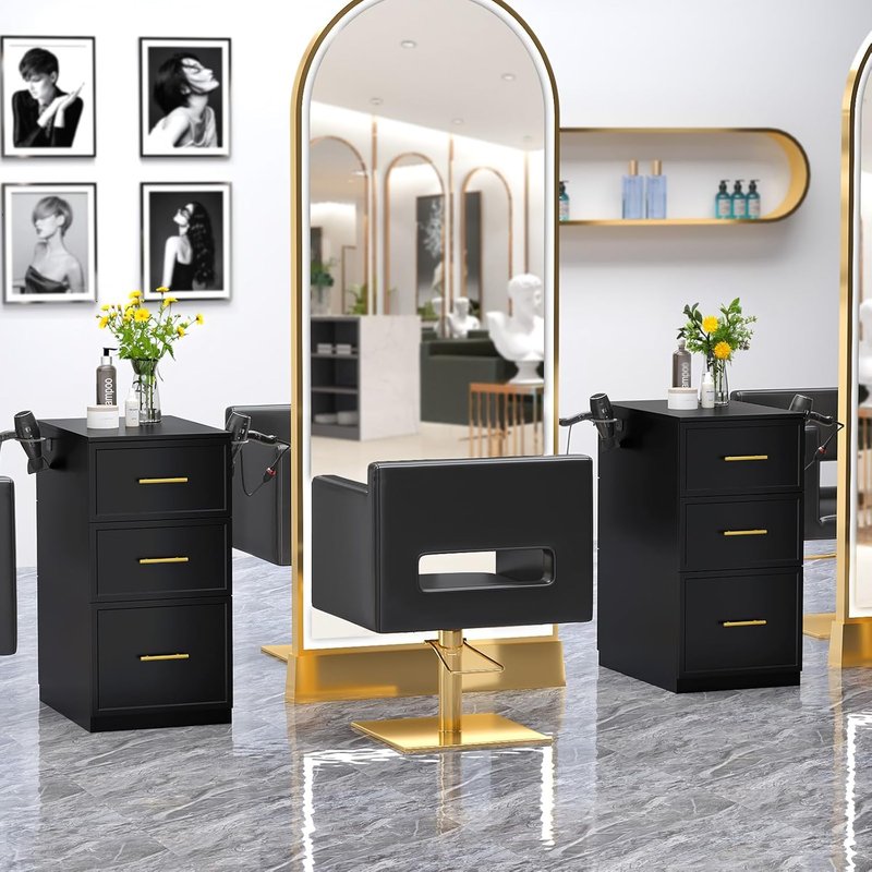 Salon Stations for Hair Stylists - Double-Sided Barber Station with 6 Drawers & 2 Dryer Holders | Modern Black Styling Cabinet