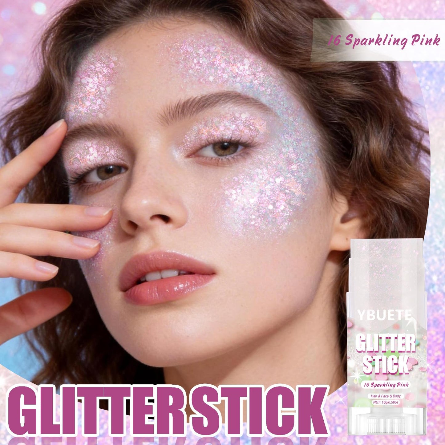 YBUETE Sparkling Pink Face and Body Glitter Stick for Sparkling Makeup, Hair Glitter Accessories for Women, Highlighting Stick for Fairy Dust, Cheerful Face Glitter for Festive Parties and Carnivals