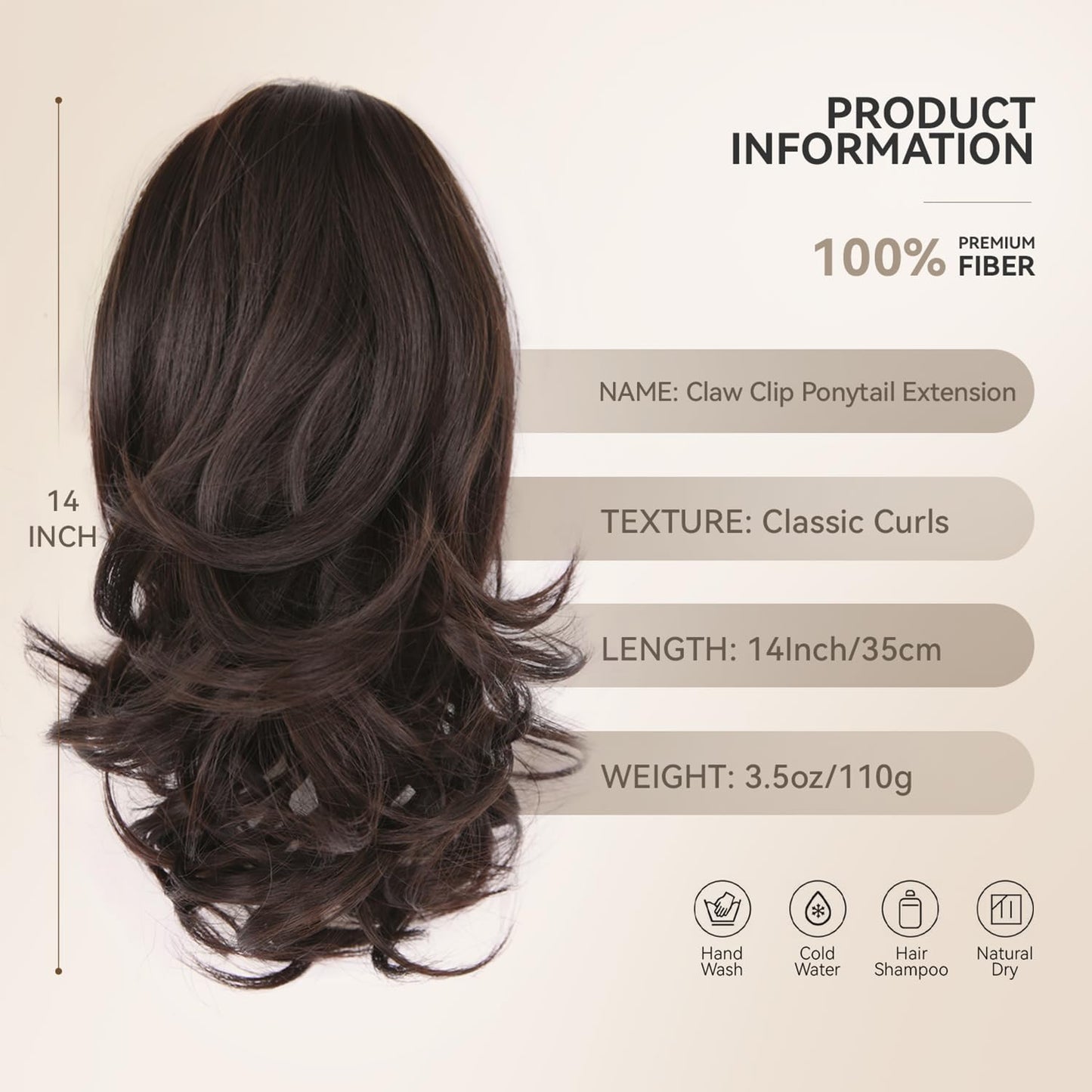 ZQIAN BEAUTY Clip in Ponytail for Women - 14 Inch Curly Ponytail Extension, Wavy Pony Tails Hair Extensions, Synthetic Hair Extensions Ponytail, Natural Hair Pieces for Women (Color: Brown)
