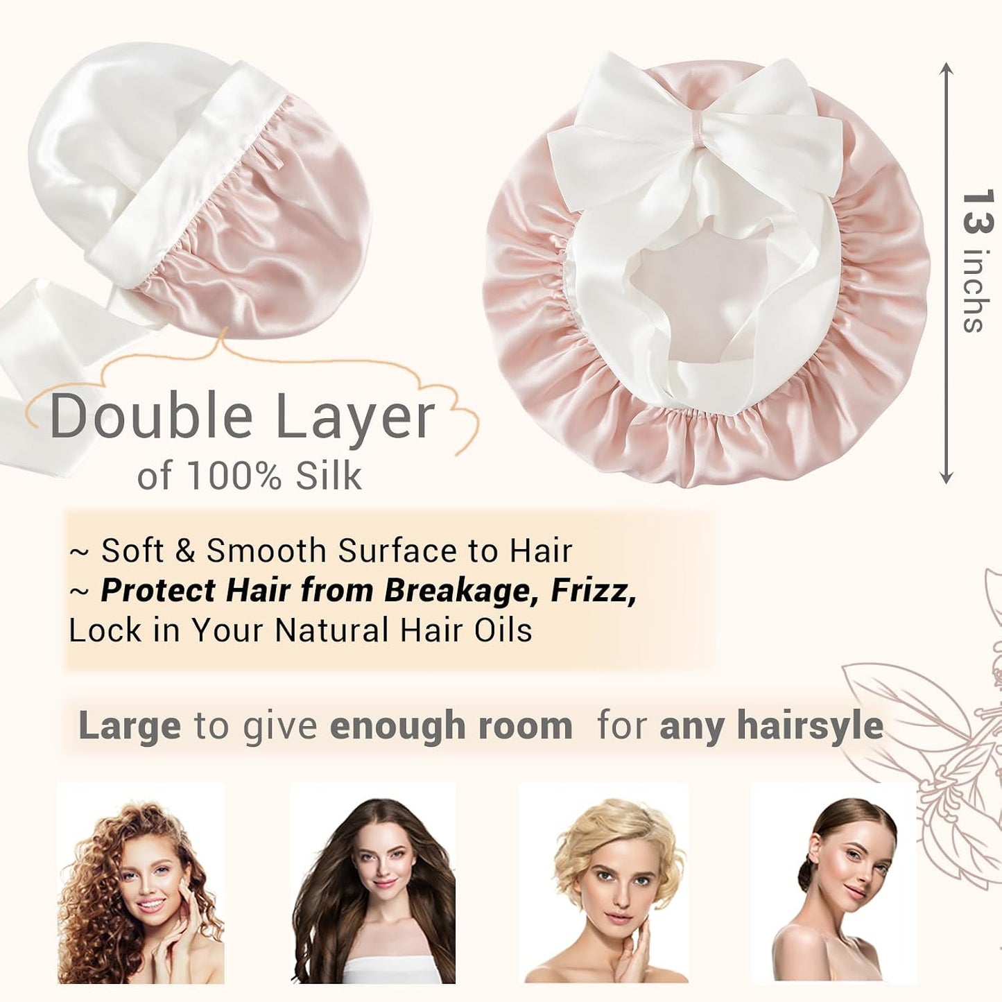 Mulberry Silk Bonnet - Anti-Slip Double-Layered Hair Wrap for Curly Hair | Large Size (Pink & Ivory)