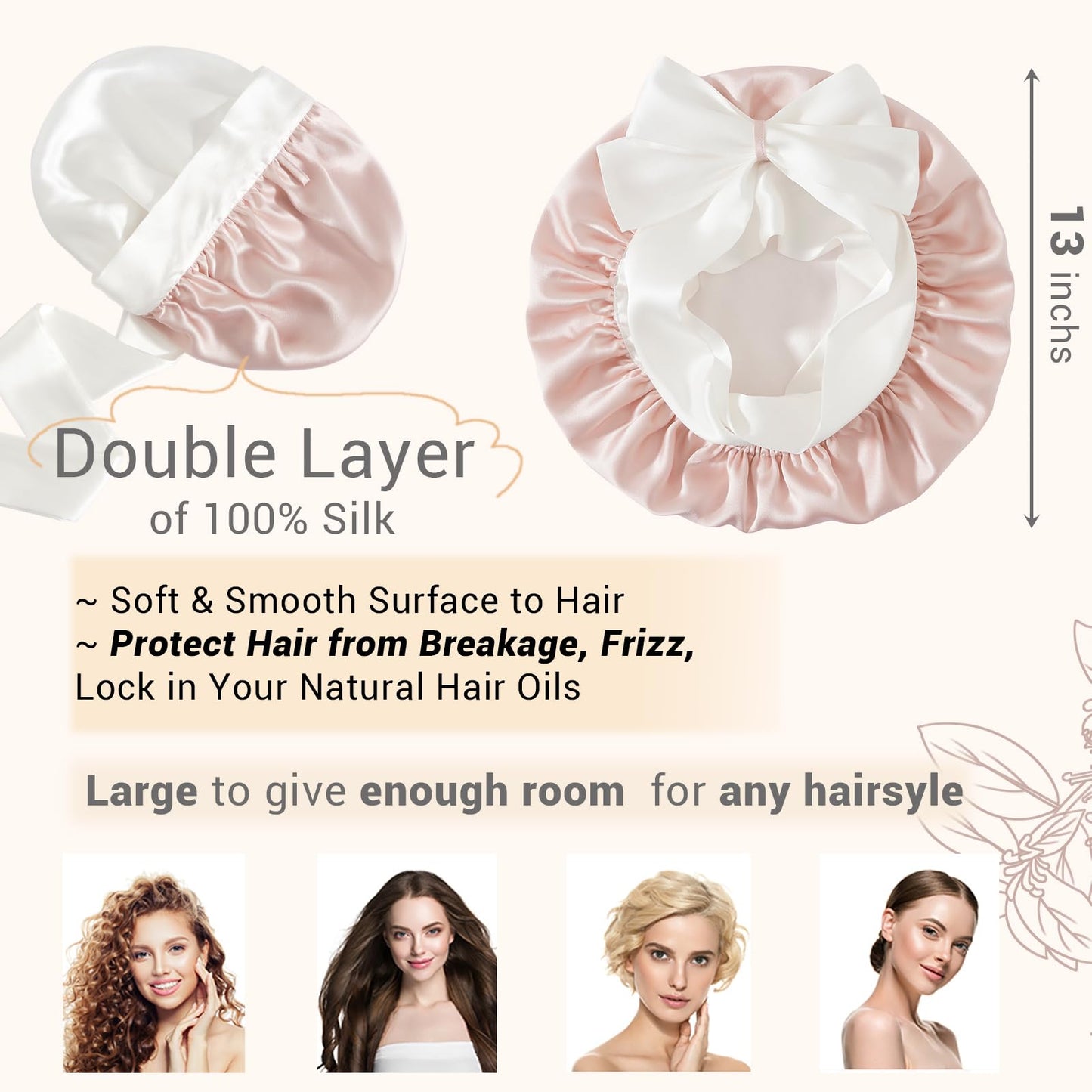 LaCourse Anti-Slip 100% Real Mulberry Silk Bonnet with Silk Scrunchy for Sleeping Women, Large Double-Layered Silk Hair Wrap for Curly Hair (Black+Silver)