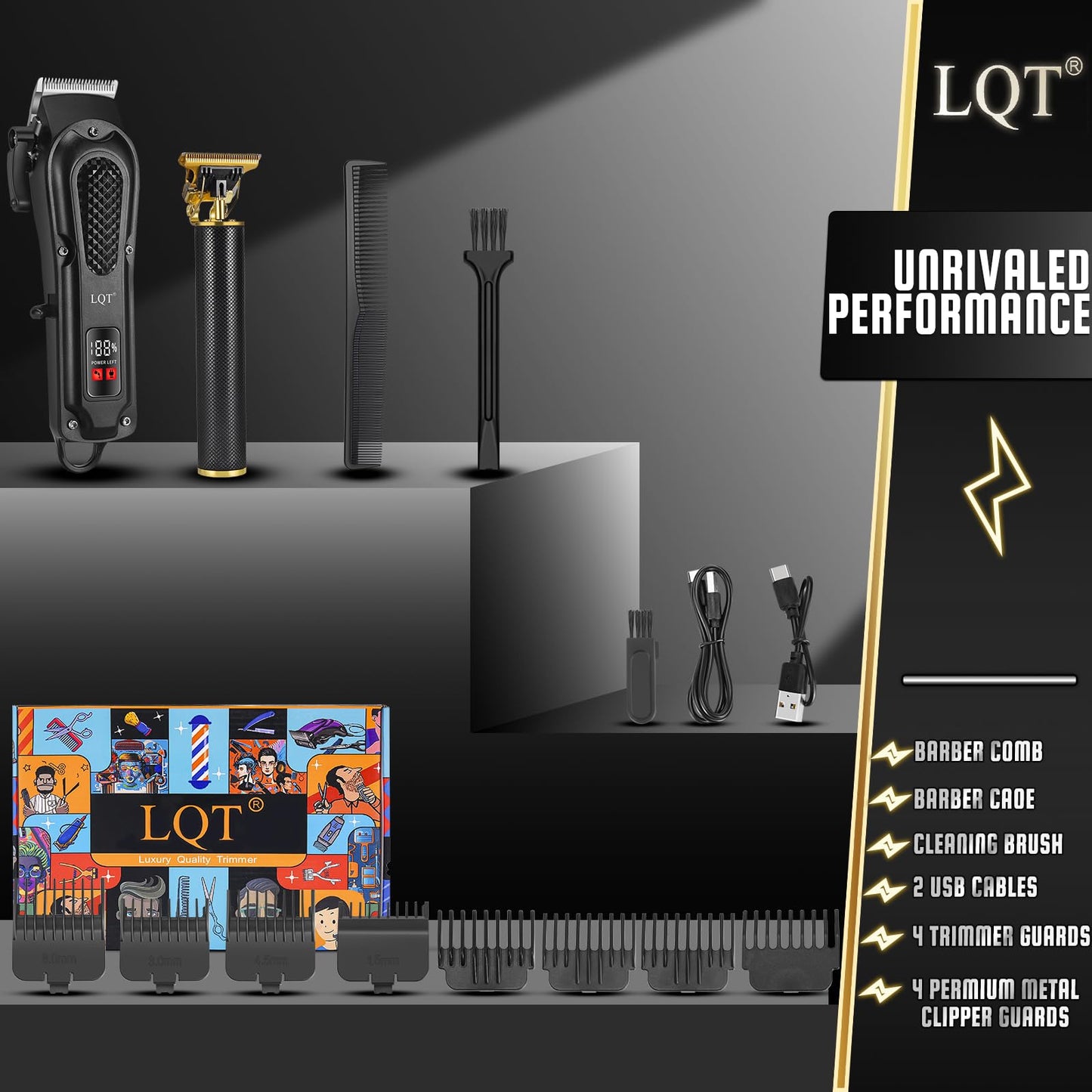 LQT® Men's Professional Hair Clippers Kit，Cordless & Corded Barber Clippers Set，Grooming Rechargeable Beard Trimmer with Adjustable Blade Black