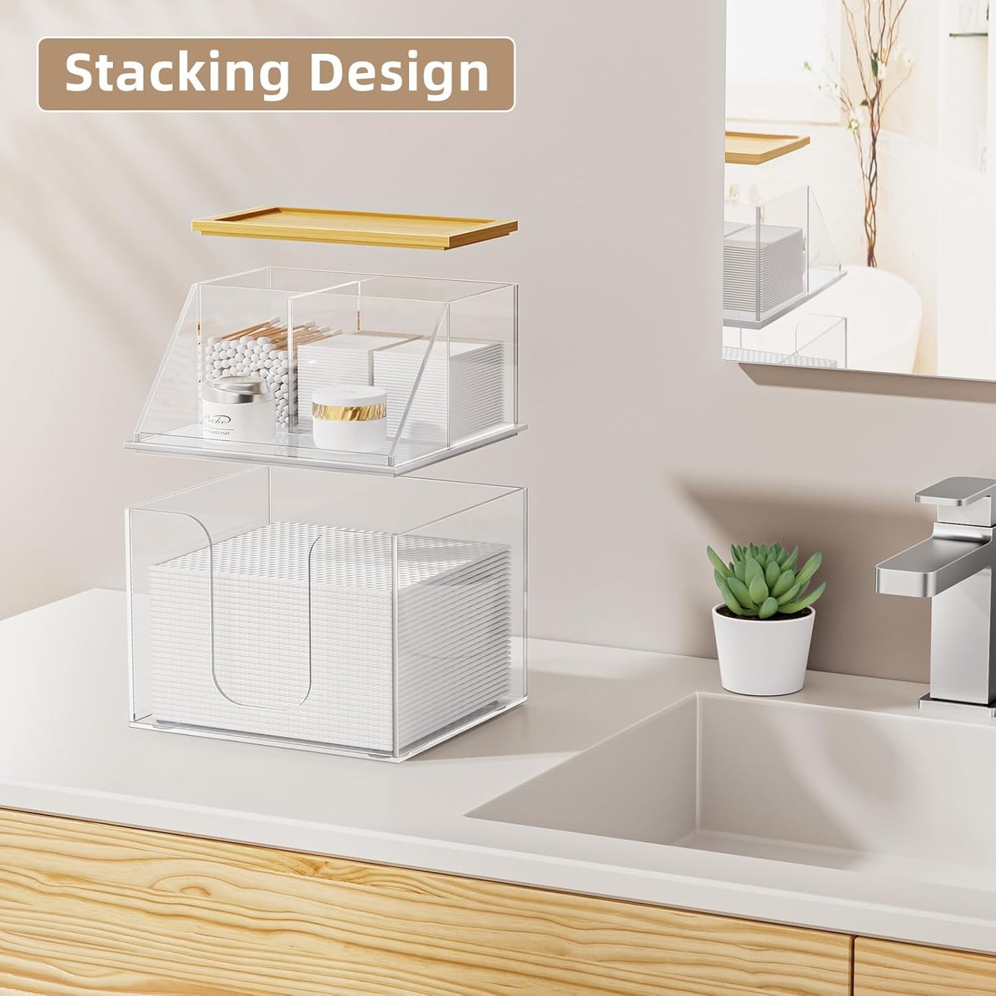 Acrylic Disposable Face Towel Holder - 2-Tier Organizer for Facial Towels & Cotton Pads | Clear with Bamboo Lid