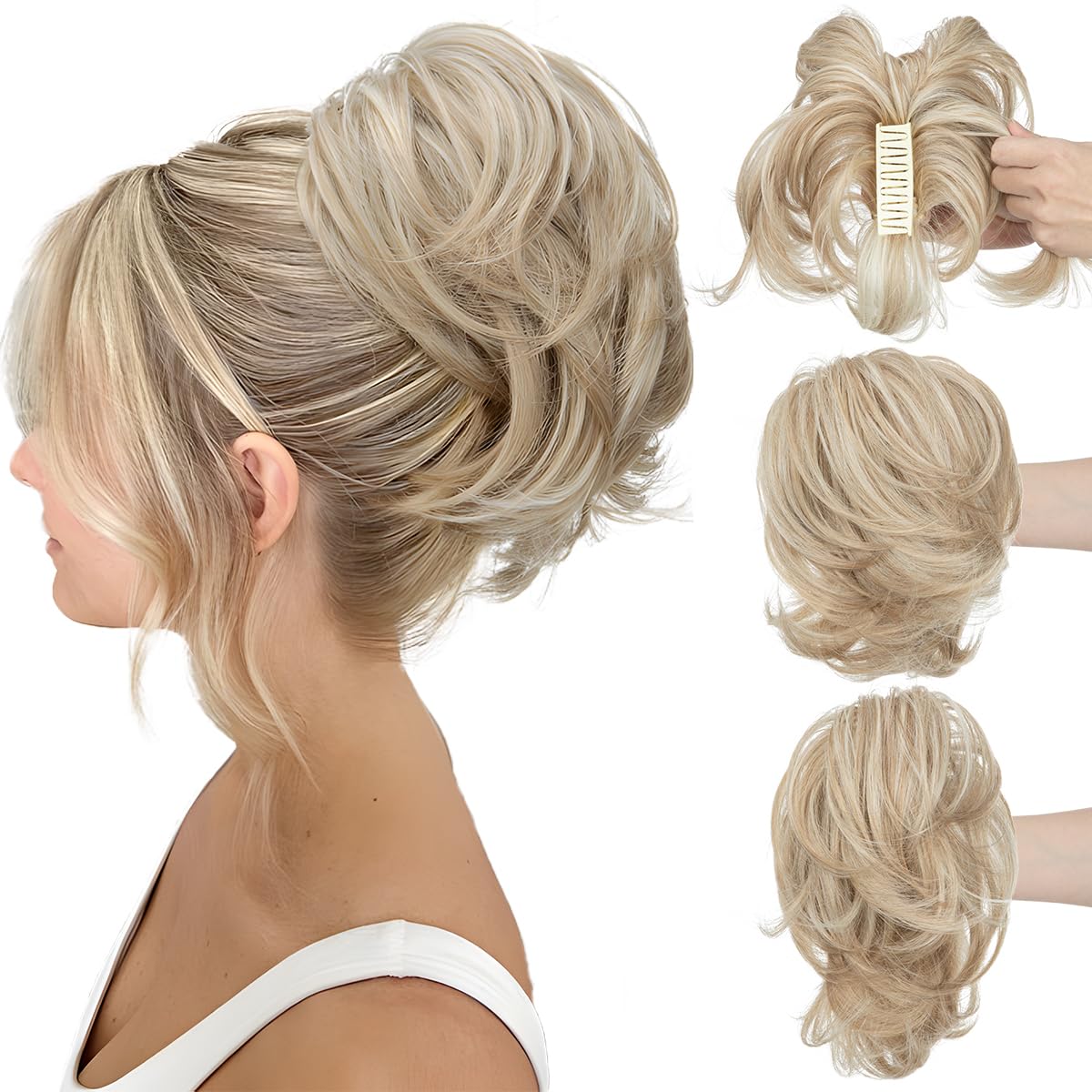 CJL Hair Claw Clip Short Ponytail Extensions - Bendable Metal Messy Bun Piece | Wavy Curly Synthetic Hair, Ash Grey