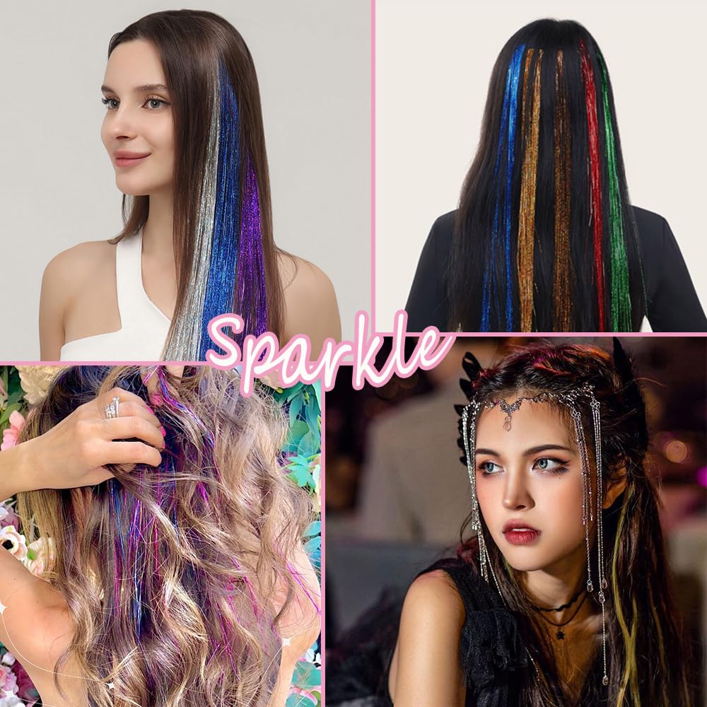 Hair Tinsel 12 Pcs Clip in Hair Tinsel Kit for Girls 22 Inch Glitter Fairy Tinsel Hair Extensions Colorful Heat Resistant Party Festival Accessories for Women Kids (rainbow)