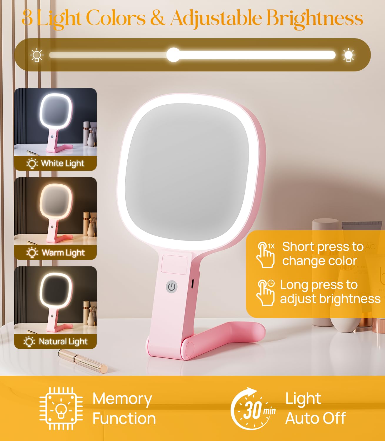 Gospire 6.8" Travel Vanity Mirror, 3-in-1 Hanging/Handheld/Desktop Use with Dual-Side Buttons, 1X/10X Magnification, 3-Color Dimmable LED, Auto Memory + Velvet Pouch (Pink)
