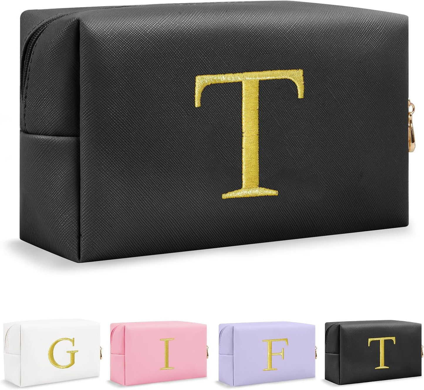 Personalized Initial Makeup Bag - Gold Embroidered Cosmetic Bag for Teens | Custom Travel Toiletry Bag (Black)