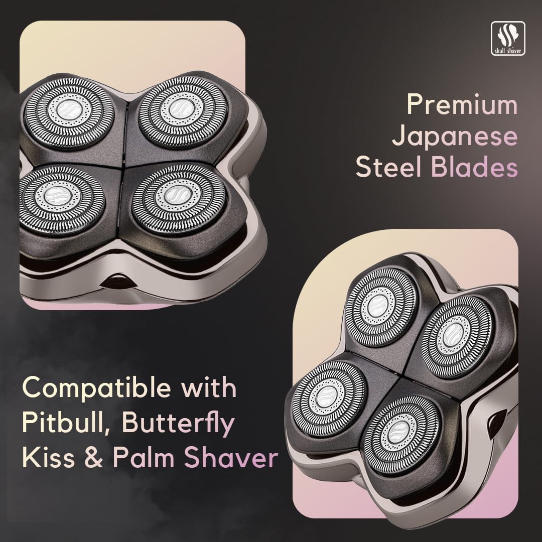 Skull Shaver Baron PRO 4 Head Replacement Blade - Shaver Blade for Wet & Dry Shaving - Rotary Heads Design - Japanese Stainless Steel - Compatible with Pitbull, Palm & Butterfly Kiss Shavers