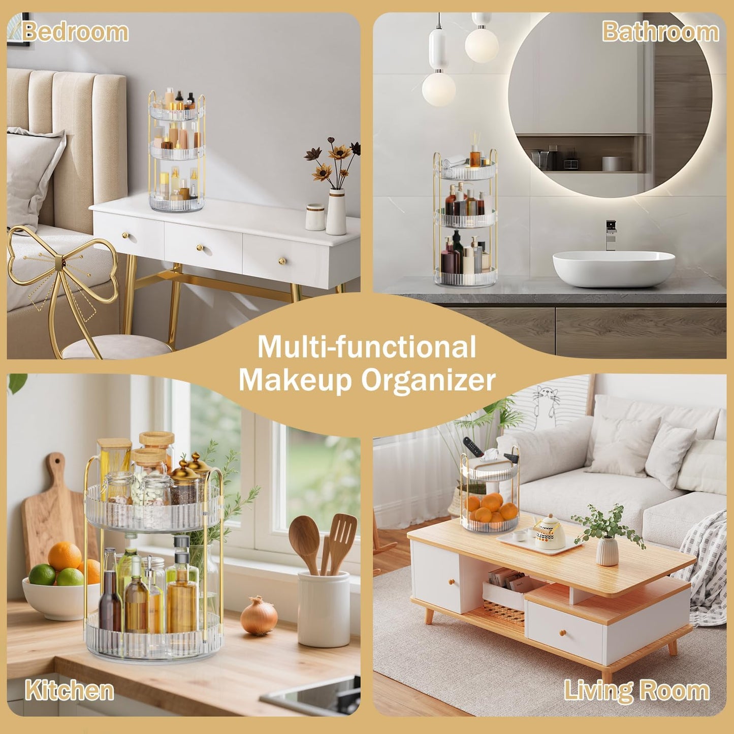 MOKANI 360 Rotating Makeup Organizer for Vanity, 2 Tier Adjustable Perfume Organizer for Dresser, Multi-Function Spinning Cosmetics Skincare Storage for Bedroom, Dresser, Countertop, Clear