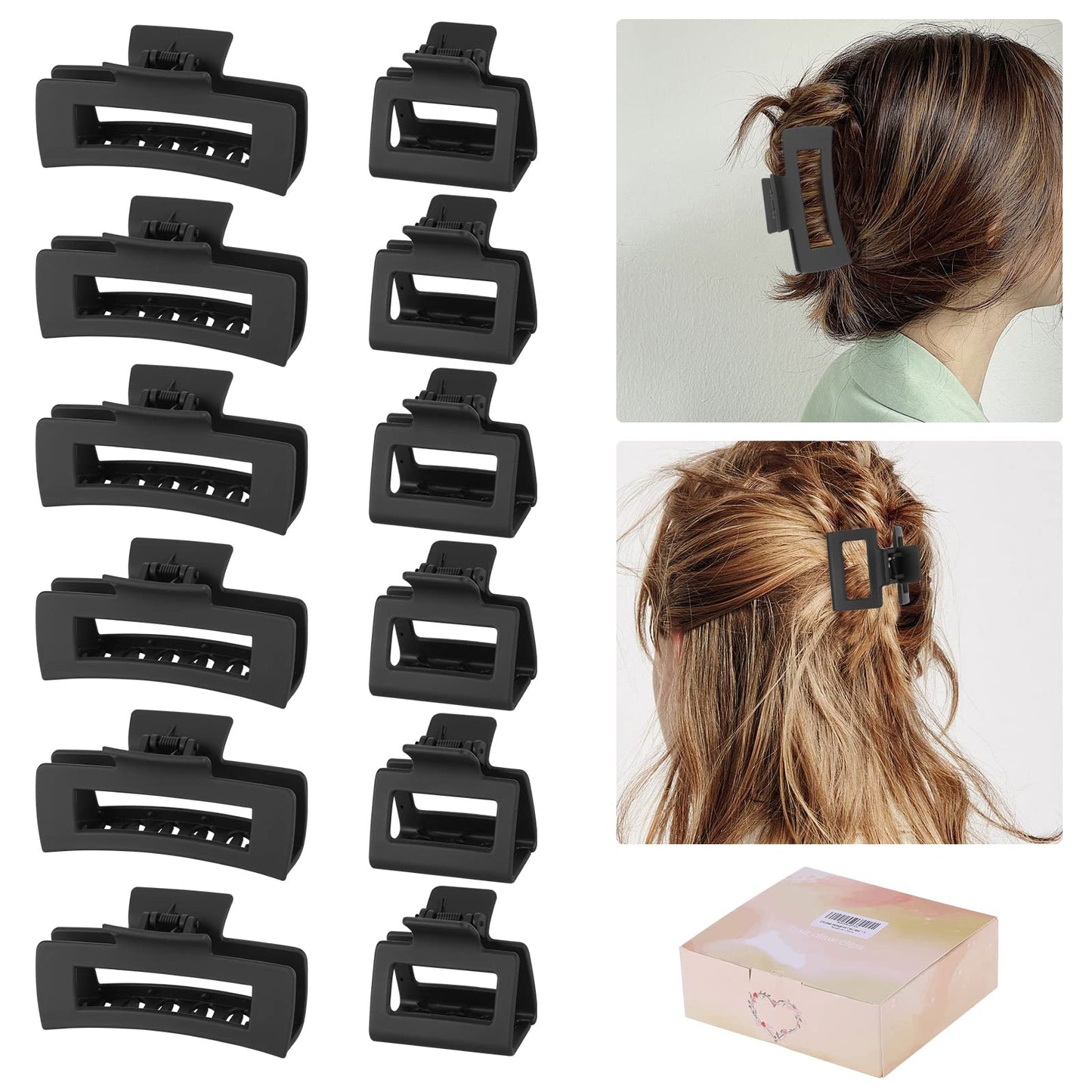 Rectangle Hair Accessories Set - 6 Large Claw Clips for Thick Hair and 6 Small Clips for Thin Hair for Women and Girls