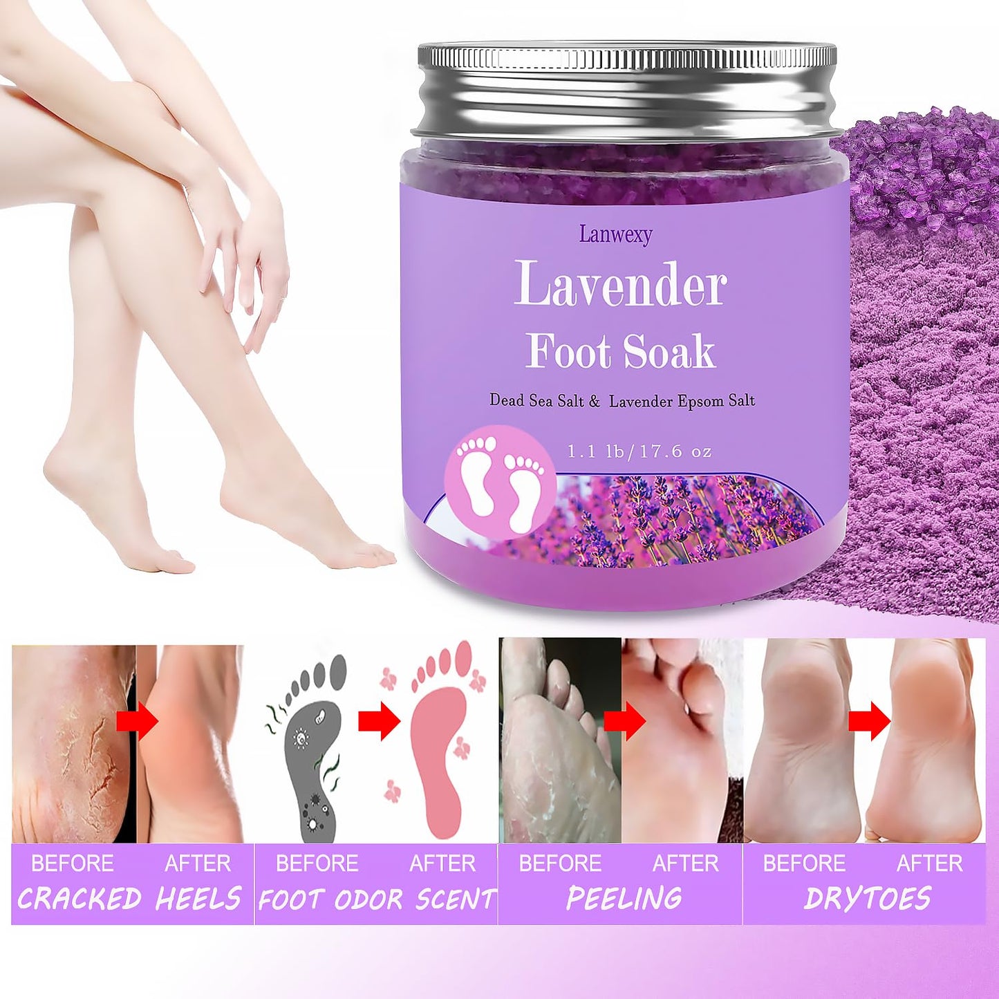 Lavender Foot Soak | Organic Epsom & Sea Salt Spa Treatment for Dry, Cracked Feet - 1.1 Lbs
