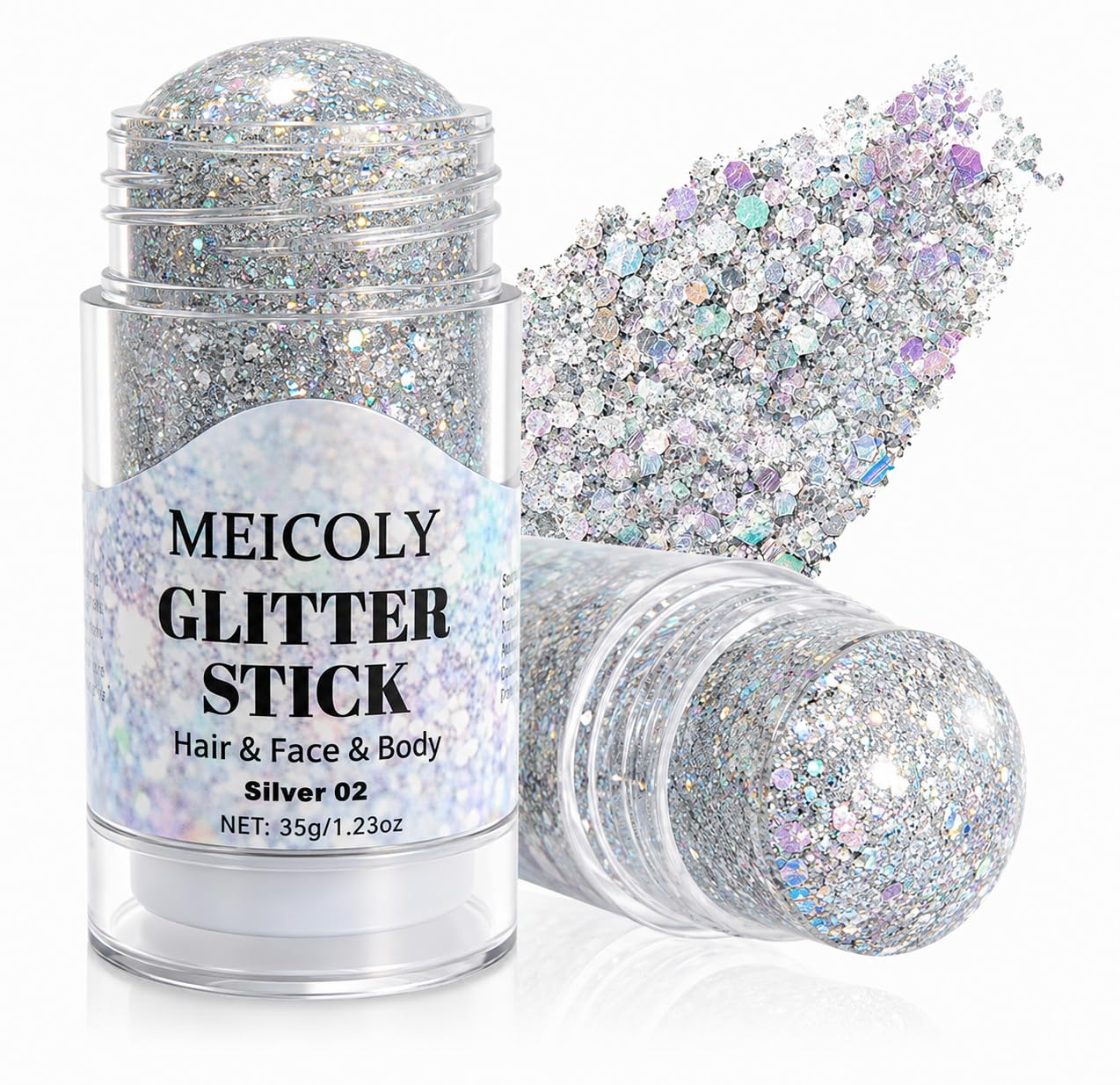 MEICOLY 1.23 OZ Silver Body Glitter Stick for Women,Face Glitter for Rave Outfit Accessories,Holographic Mermaid Hair Glitter Stick for Singer Concerts,Parties,Clubbing,Concert & Halloween