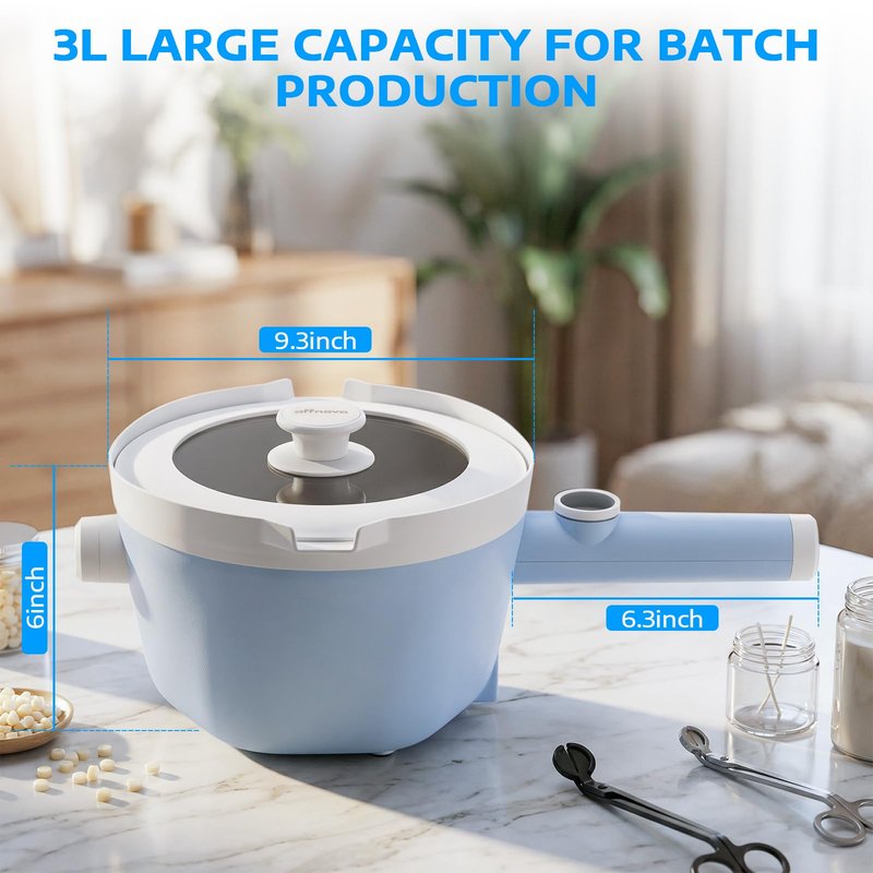 OFFNOVA 6LB Self-Stirring Wax Melter, 1000W Wax Melter for Candle Making, 3L Large Capacity, 6-Min Fast Melt, Digital Temp Display, Heat-Resistant Handle, Candle Making Kit for Beginners & DIY