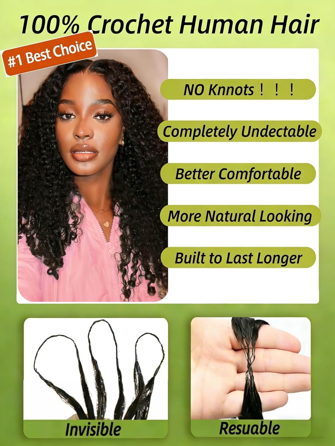 Human Crochet Hair for Black Women 105g Knotless Pre-Separated Invisible Burmese Curly Feather Crochet Human Hair Reusable Remy Hair Extensions Wet and Wavy Bundles Miracle Knots Hair 18 Inch