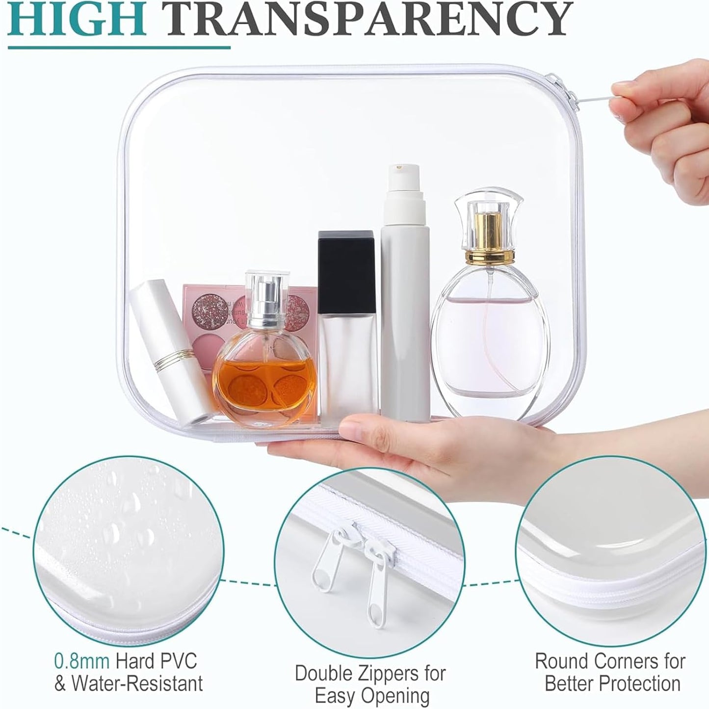 Clear Hard Shell Zipper Cases - 12 Pack Makeup & Pencil Organizers | 4 Large, 4 Medium, 4 Small - White