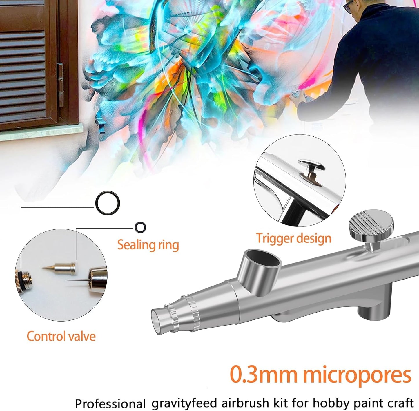 Airbrush Kit - Portable Airbrush Gun Set with 0.3mm Needles for Painting, Cake Decorating & Makeup | Black