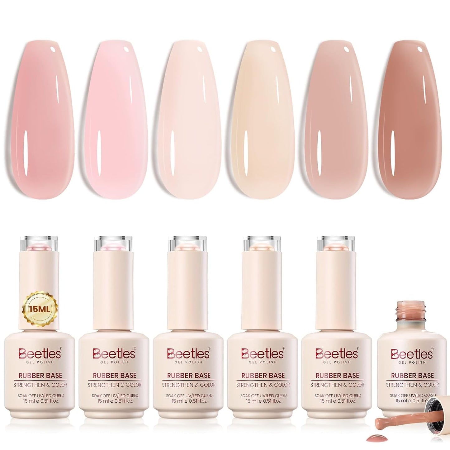 Beetles Base Color Gel Nail Polish Set - 6 Nude Shades | 5-in-1 Builder Rubber Base Coat for Strengthening Natural Nails