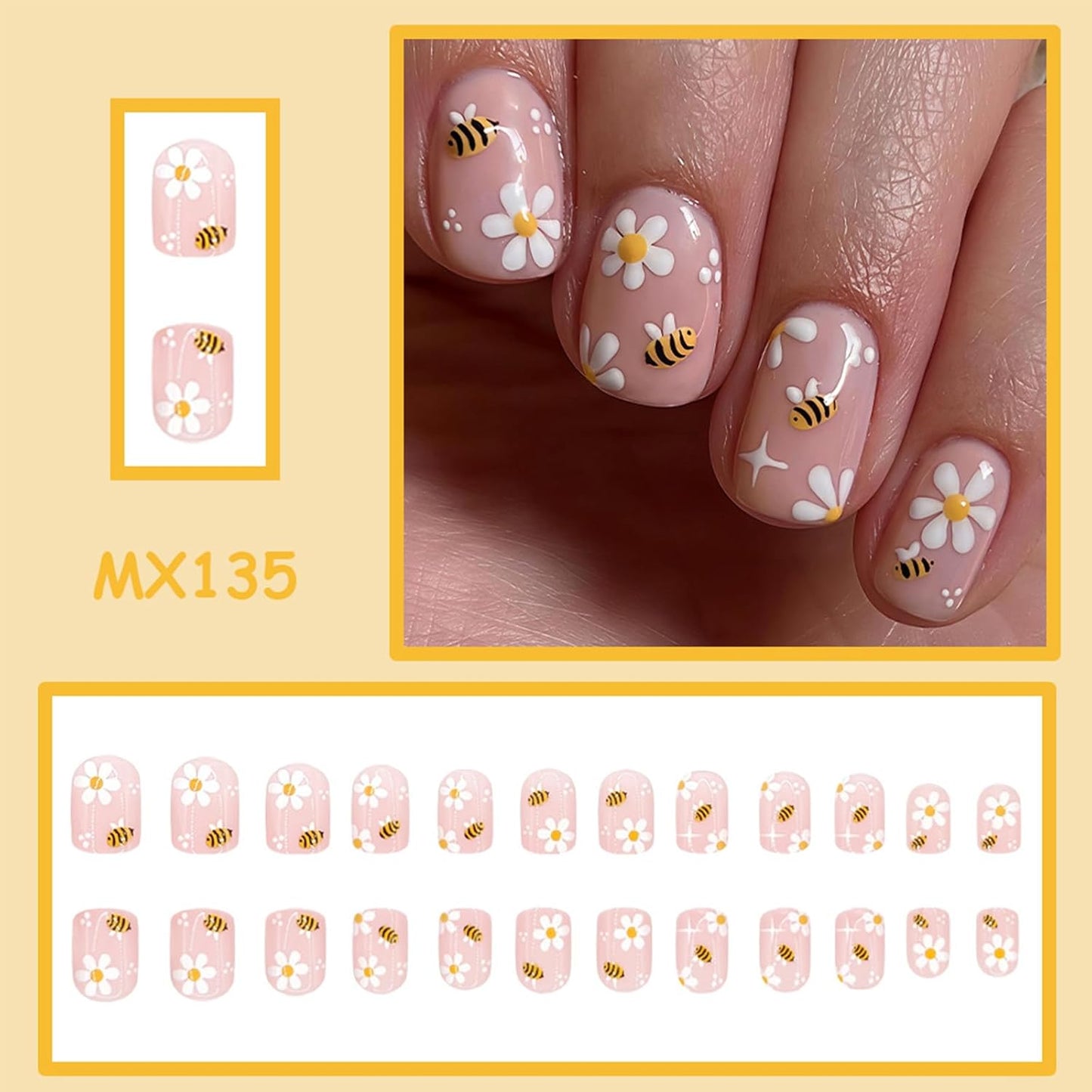 Press On Nails - Short Square Floral Design | 24 Pcs Glossy Bee & Flower Patterns for Spring & Summer