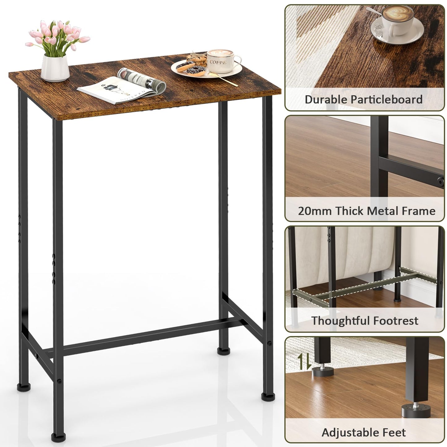 DAOUTIME Bar Height Table, Compact Bar Table, Counter Height Kitchen Dining Table for Apartment Breakfast Nook Home Bar, Sturdy Metal Frame, Small Console Table for Narrow Spaces