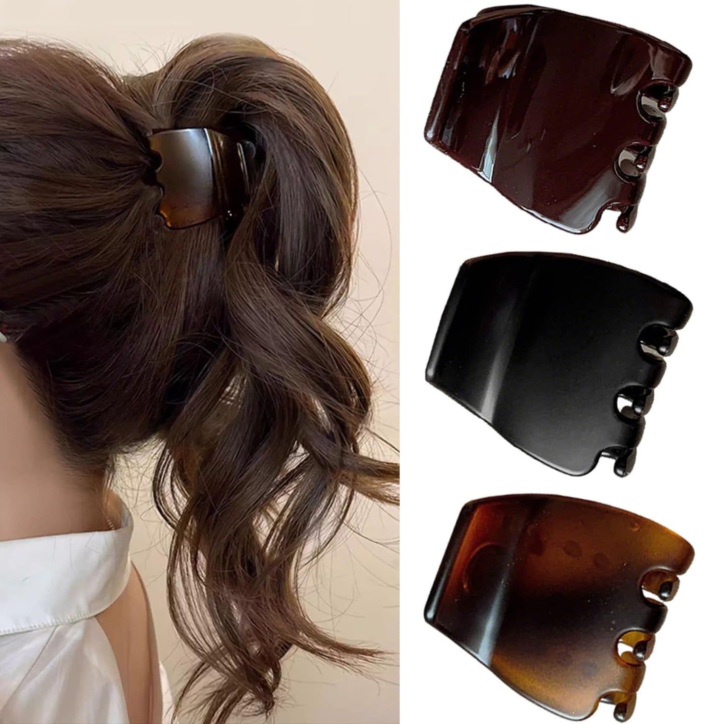 High Ponytail Hair Claw Clips - 3Pcs Non-Slip Acrylic Shark Clips | Strong Hold for Thick/Thin Hair - Chocolate Brown, Black, Amber Brown