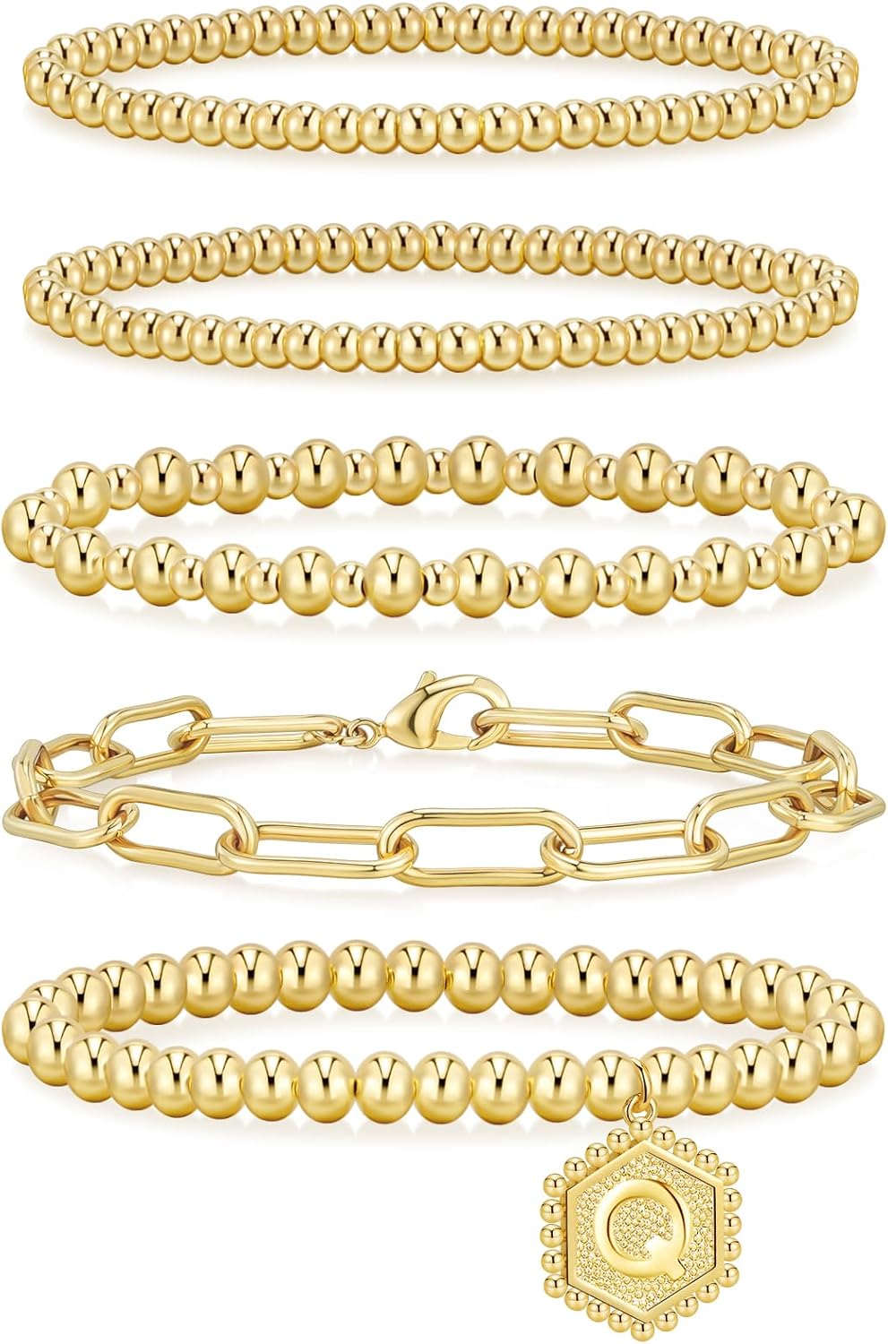 Gold Bracelets for Women - Waterproof 14K Gold Plated Beaded Strand Adjustable Jewelry Set | Perfect Gift