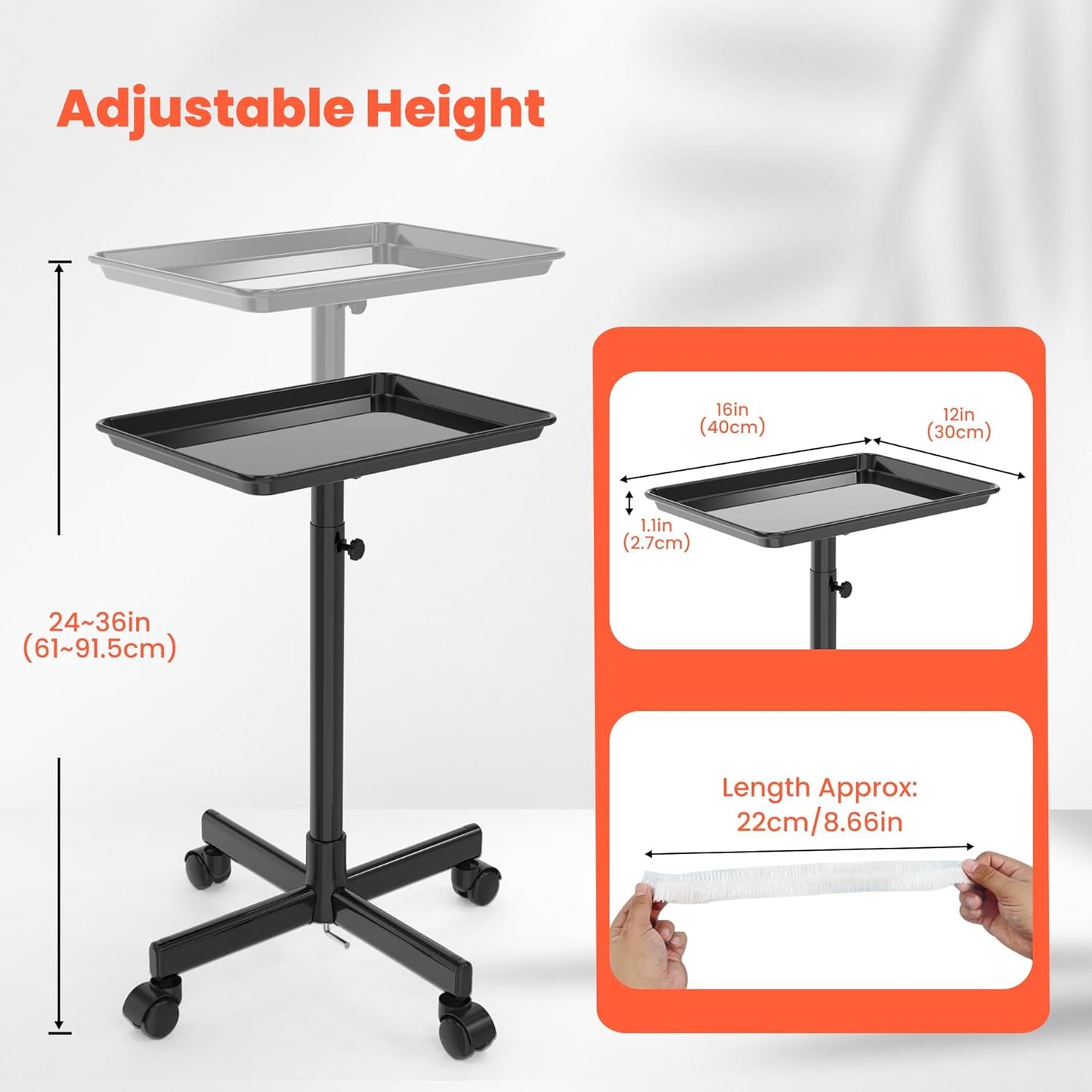 Adjustable Height Rolling Salon Tray - Mobile Storage Trolley with 2 Magnetic Bowls & 10 Disposable Covers | 24-36 Inch, Black