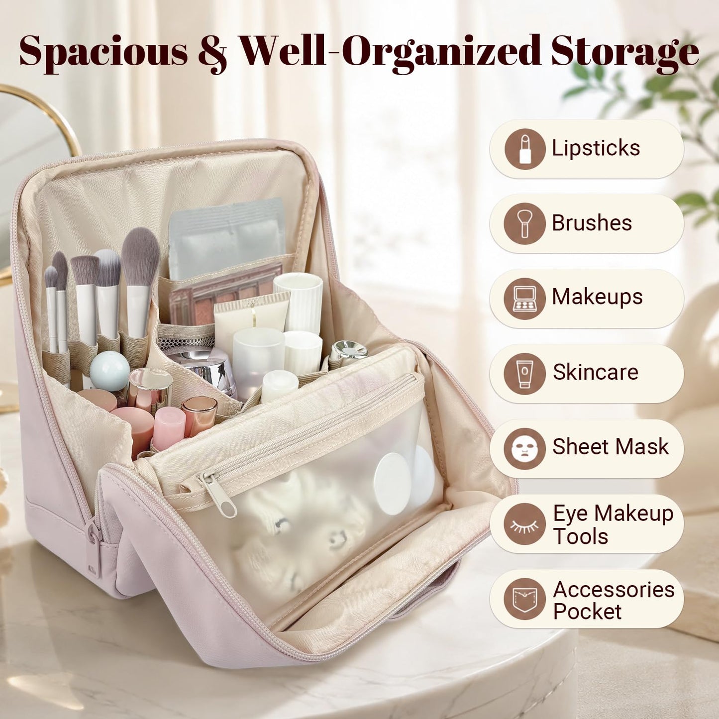 seektik Standing Makeup Bag for Women Large Waterproof Cosmetic Bags with Compartments Foldable Travel Make up Storage Bag Organizer for Toiletries & Brushes with Detachable Dividers (Light Pink)