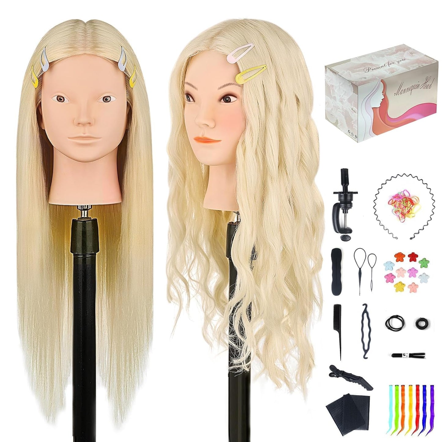 Human Hair Mannequin Head - 20"-22" Cosmetology Doll with 30" Tripod Stand for Hair Styling Practice