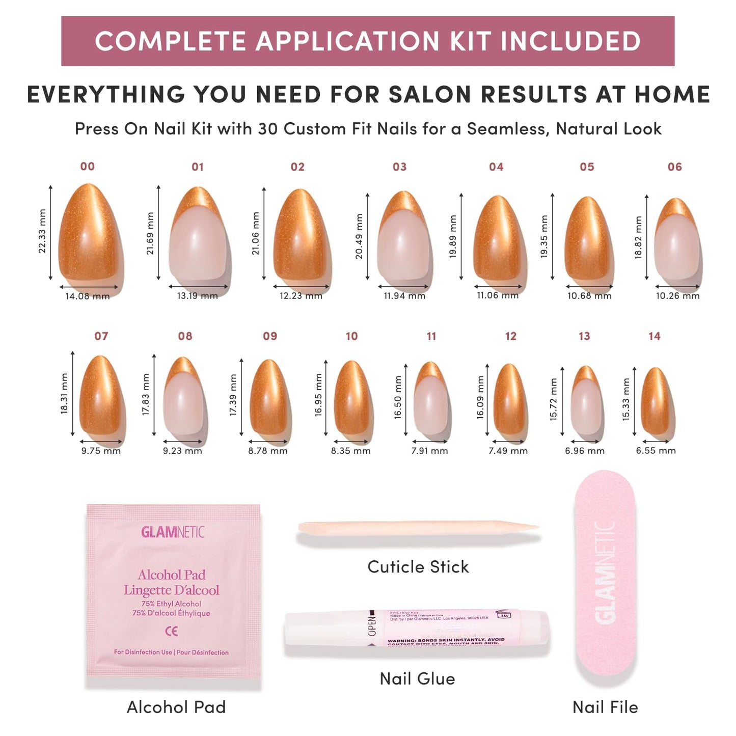 Glamnetic Press-On Nails - Orange Short Almond French Tip Design | Velvet Finish | 30 Nail Kit with Glue, 15 Sizes