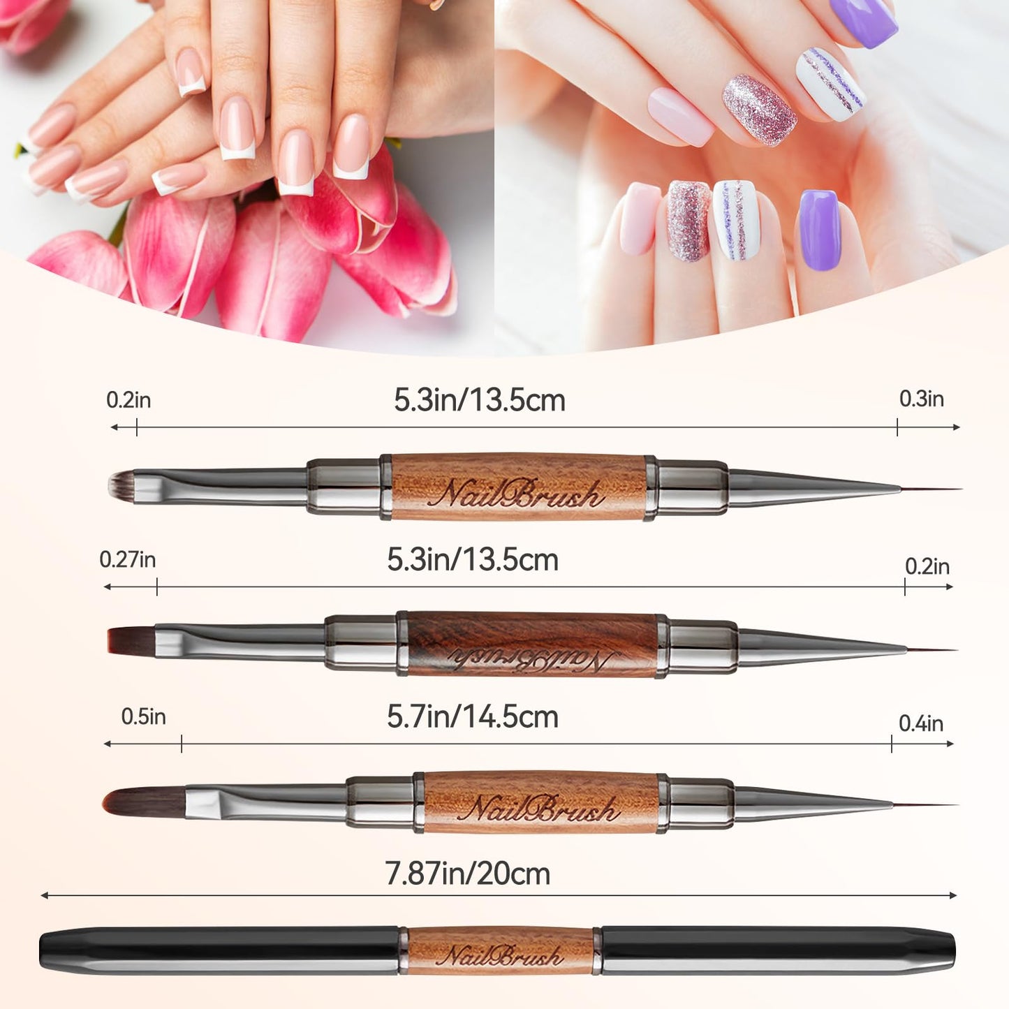 Acrylic Nail Brush Set,Double-ended Nail Brush French Tip Brush,Nail Art Painting Brush for Long Lines,Thin Details, Fine Drawing,Builder Gel,Polygel