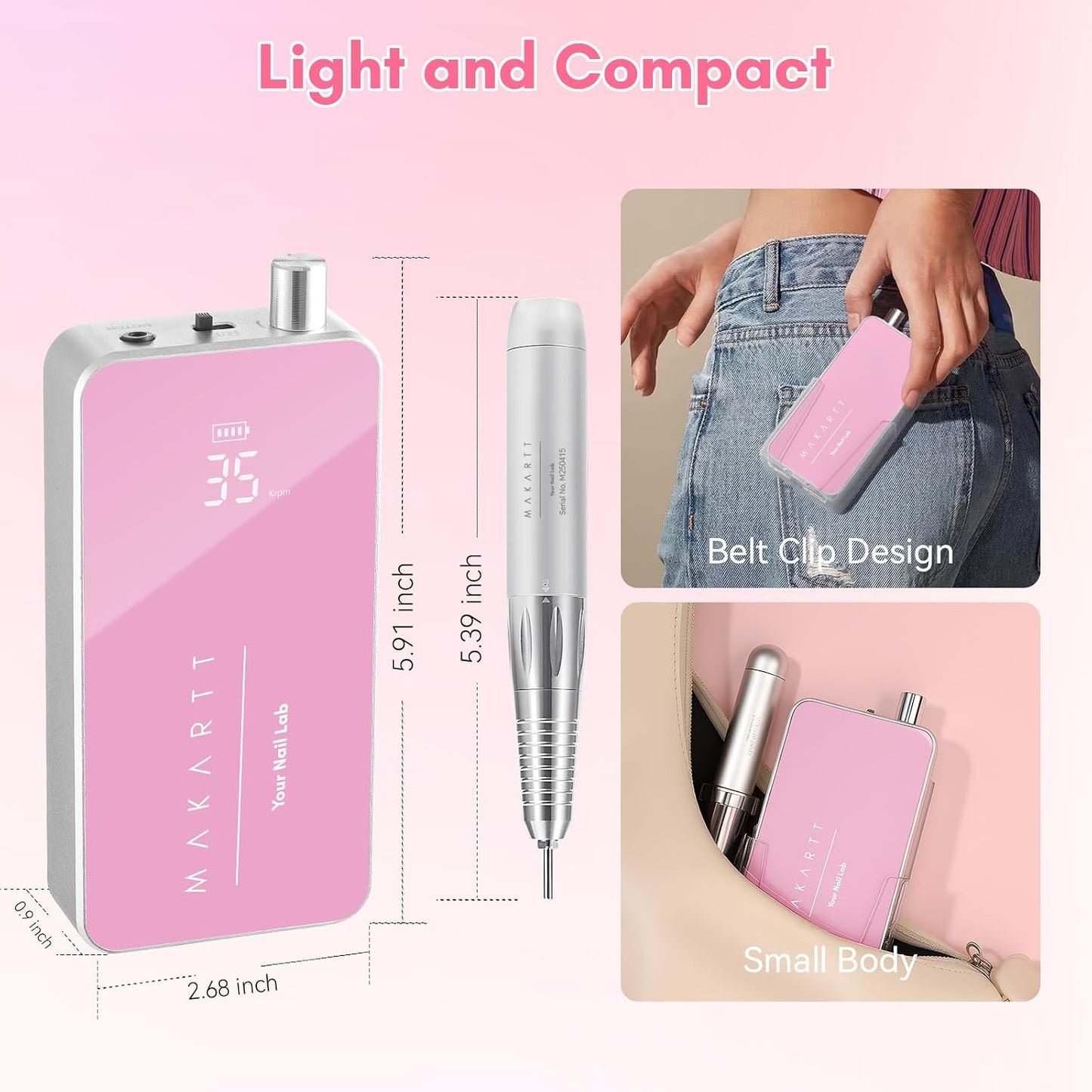 Makartt Nail Drill - 35,000RPM Rechargeable Electric Nail File for Acrylic & Gel Removal | 2-in-1 Portable & Desktop, LCD Display, Nouvella Pink