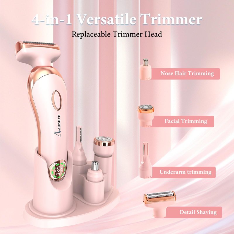 Electric Shaver for Legs Pubic Body Hair, 4 in 1 Bikini Trimmer for Women, Replaceable Lady Facial Nose Razor, IPX7 Waterproof Rechargeable Women's Grooming Kit