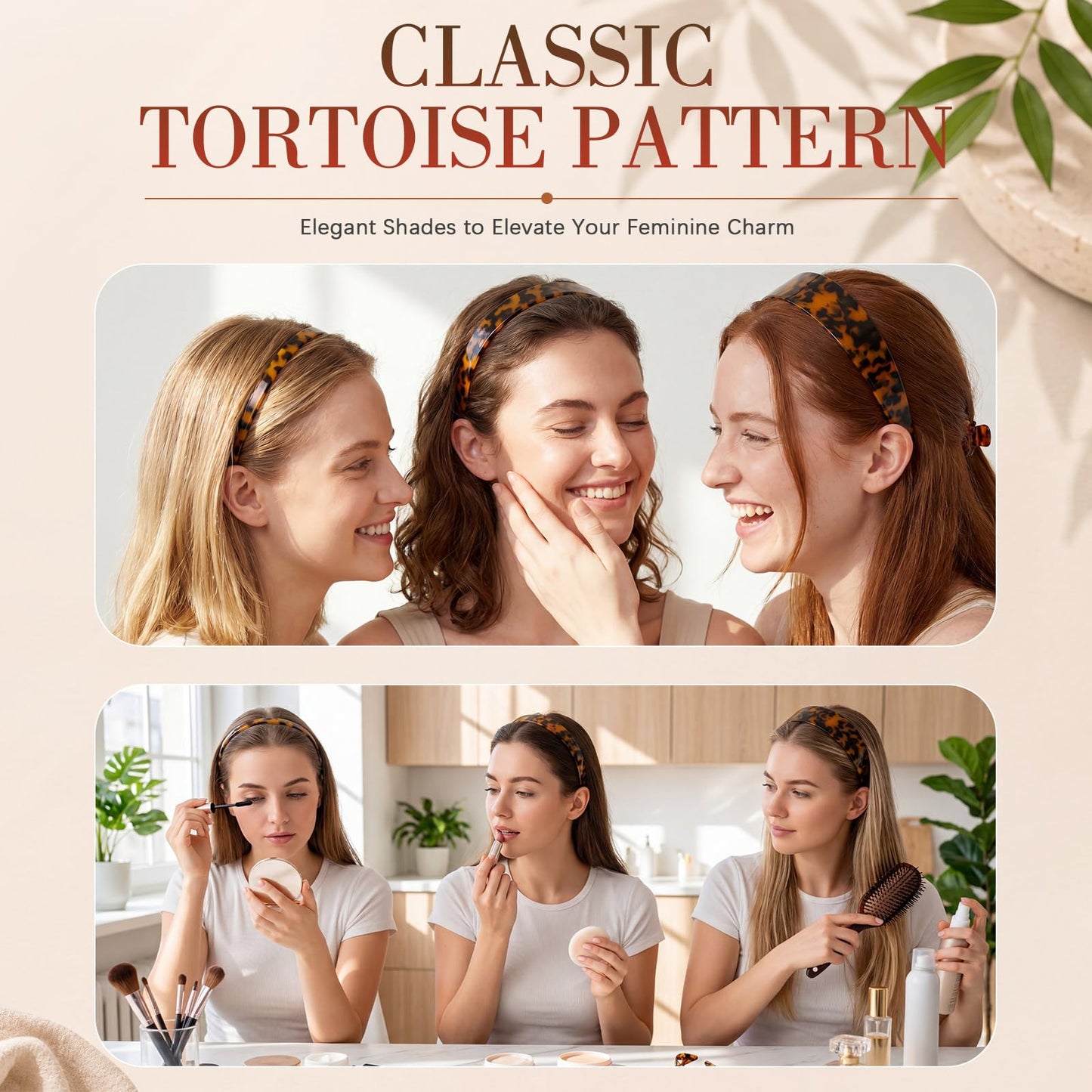 Wavyknot 3 Pack Tortoise Shell Acetate Headbands for Women Different Widths (0.4", 1", 1.5") Non Slip Teeth Dark Tortoise Hair Bands Classic Retro Hair Accessories for Daily, Makeup Use
