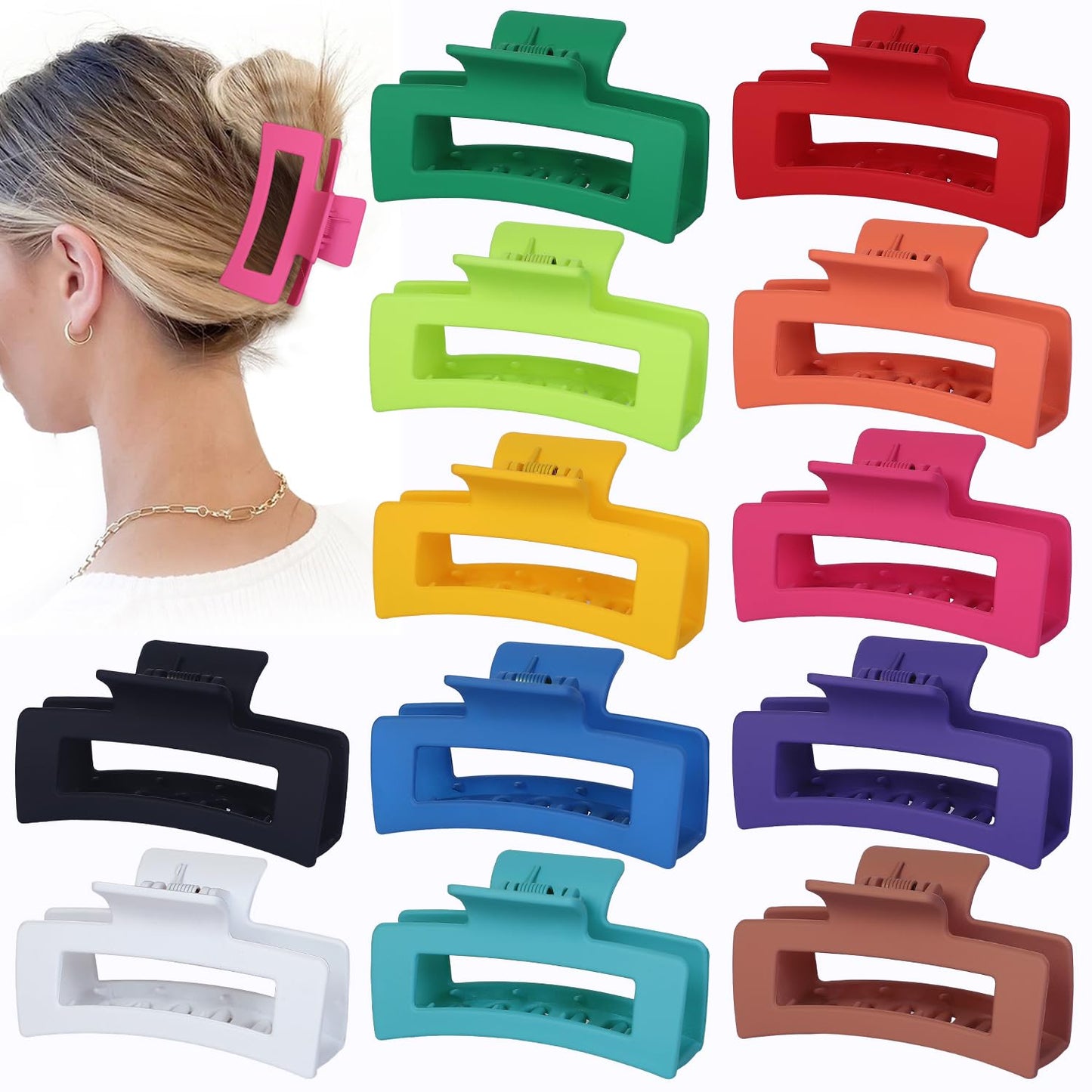 3.5 Inch Medium Hair Accessories - 12 Pcs Square Jaw Clips for Thick & Thin Hair | Rectangular Basic Color Clips for Women & Girls