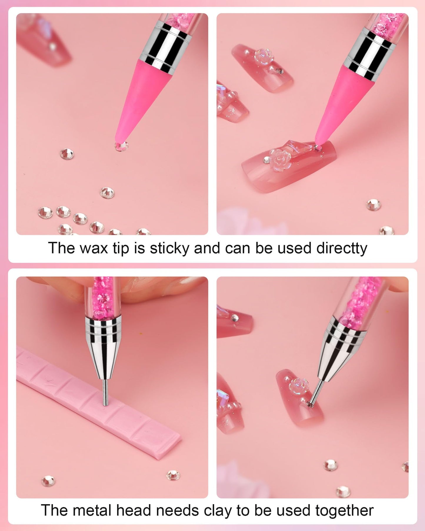 Rhinestone Picker Tool Set,Rhinestone Applicator Tool,Rhinestone Picker Dotting With 4 Extra Pink Replaceable Wax Head and 2 Tweezer (Pink A)