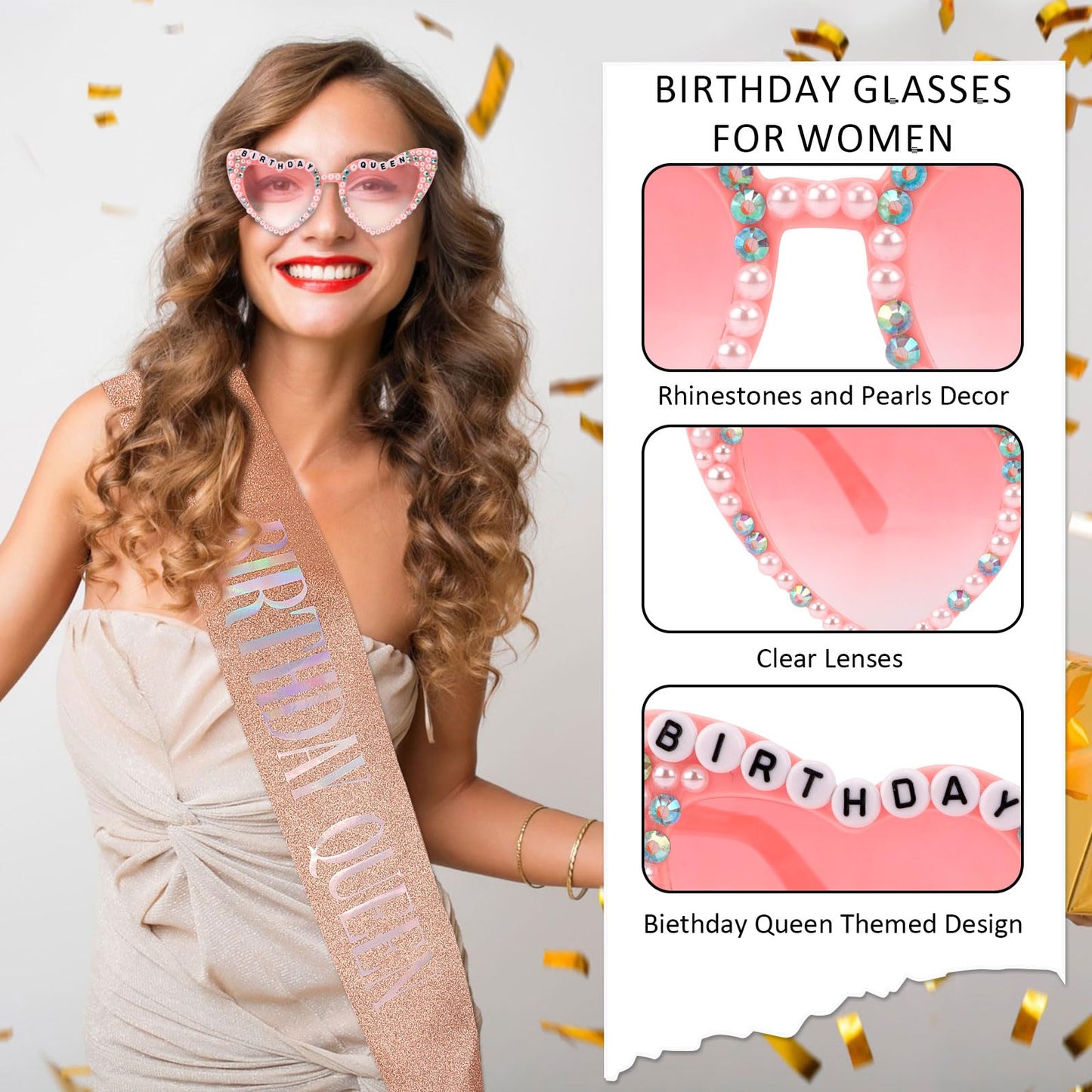 Tihebax Birthday Sash for Women, Birthday Queen Sash with Glasses for Girls Women Birth Day Decorations Accessories for Girls Party Favors