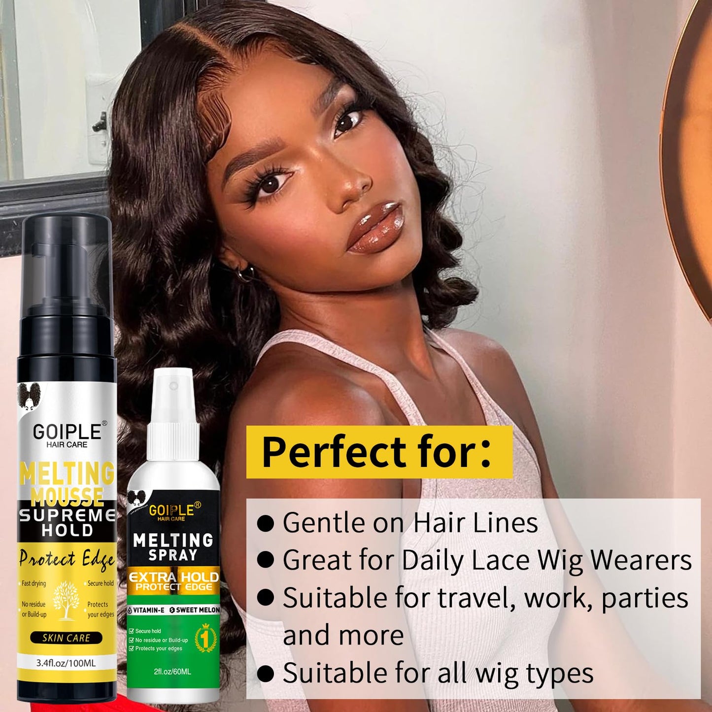 Lace Melting and Holding Mousse Glue-Less Hair Adhesive for Wigs, Wig Glue Lace Melting Spray Lace Melt Mousse for Closure Wigs Extensions, Wig Melting Mousse Supreme Hold for Wig Hair Wig Install Kit